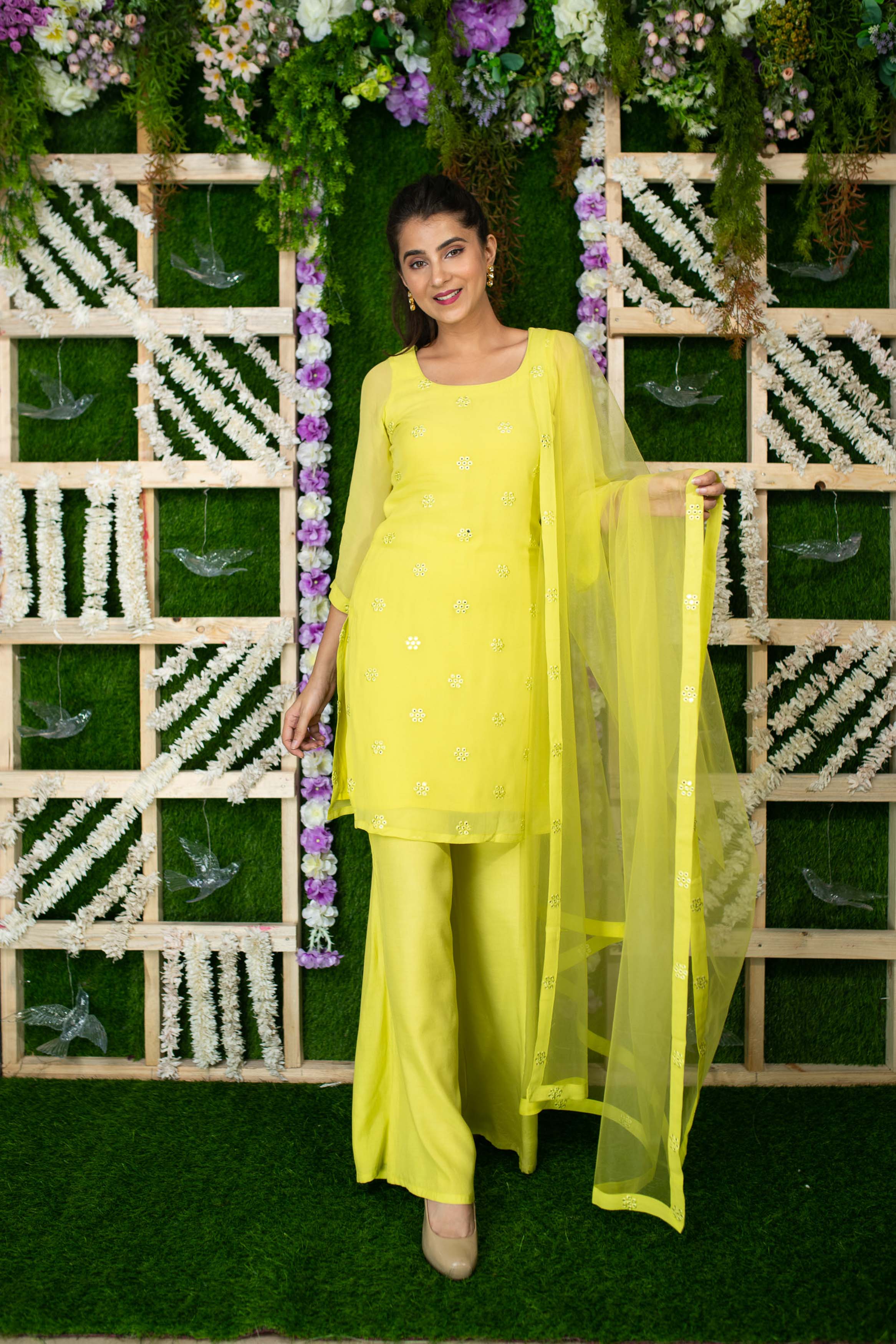 Lime Green Sequin Kurta Pallaza Set