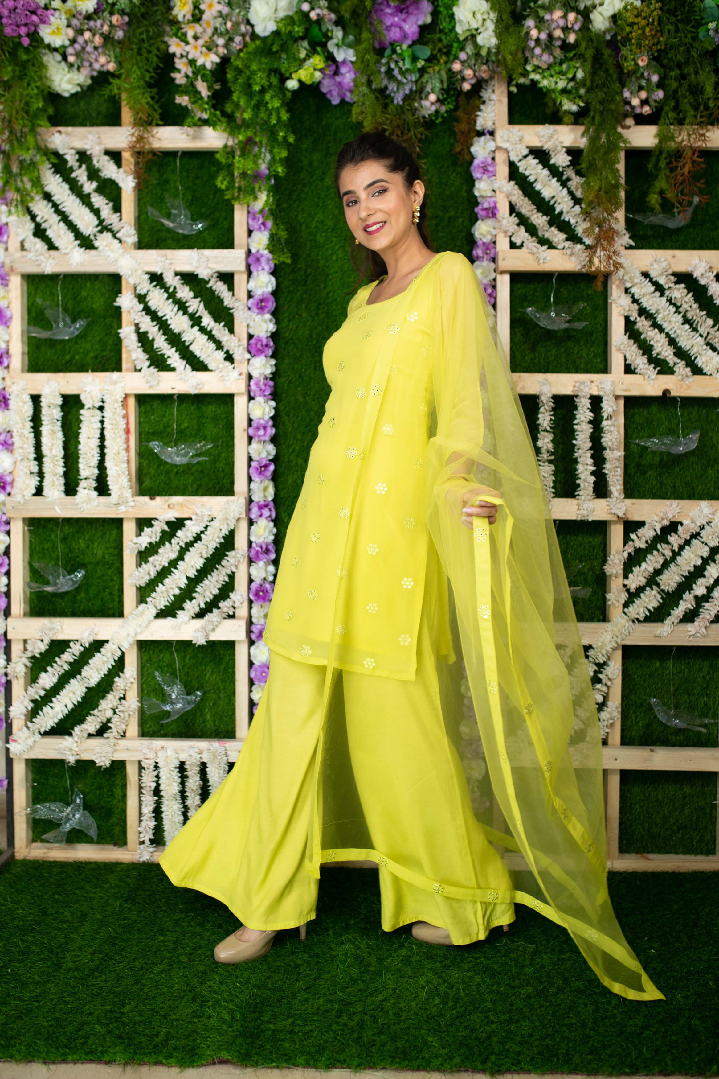 Lime Green Sequin Kurta Pallaza Set