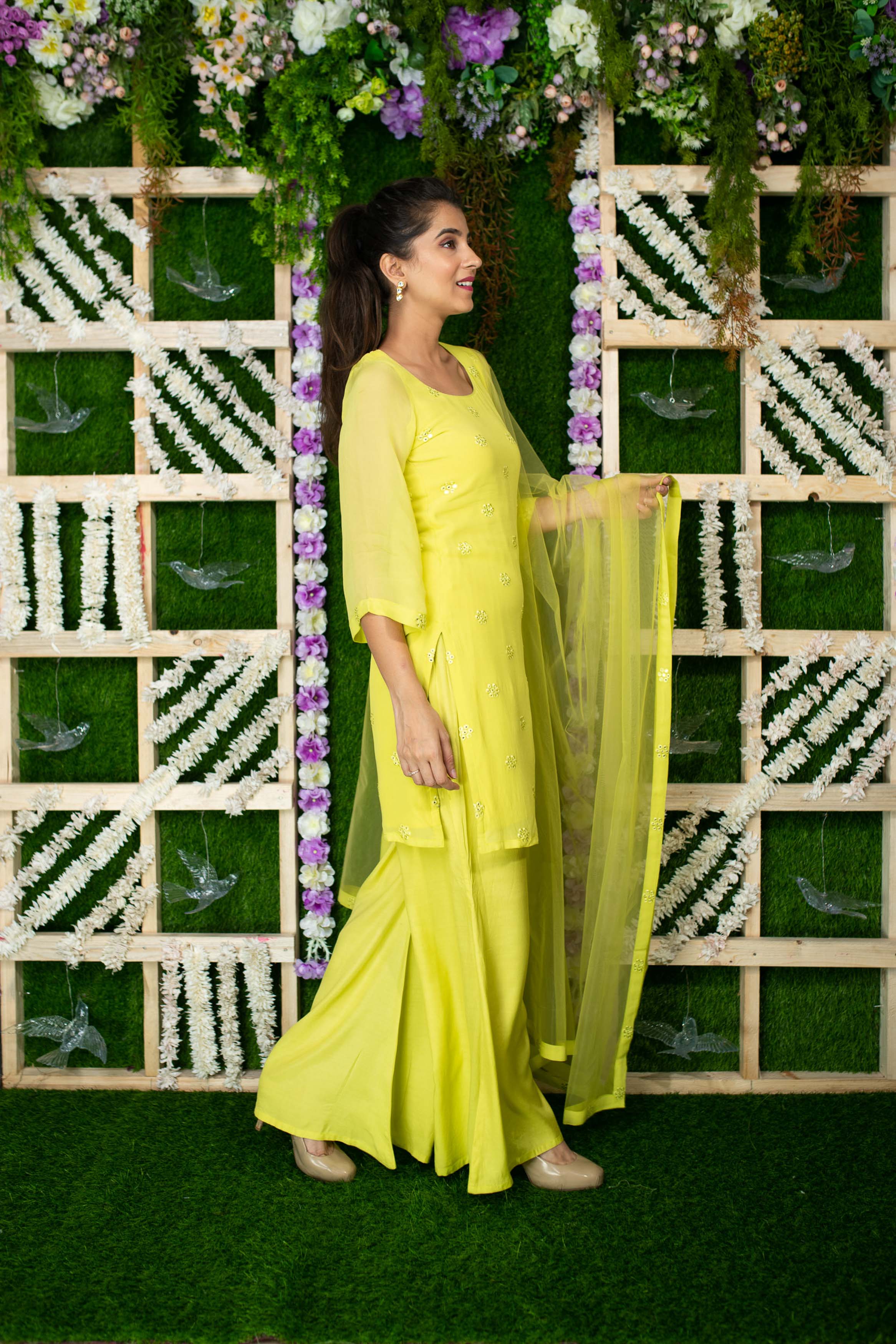 Lime Green Sequin Kurta Pallaza Set