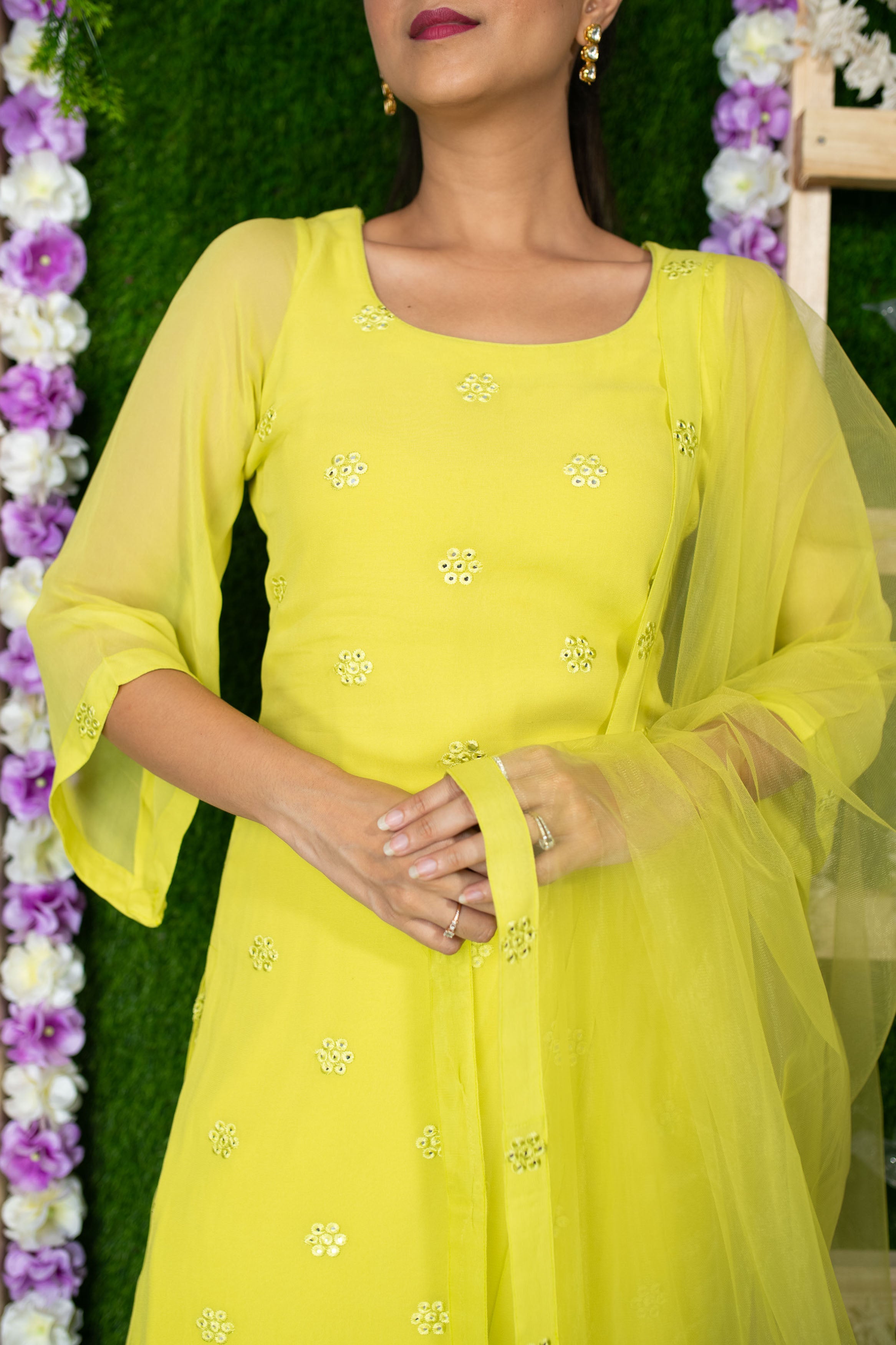 Lime Green Sequin Kurta Pallaza Set