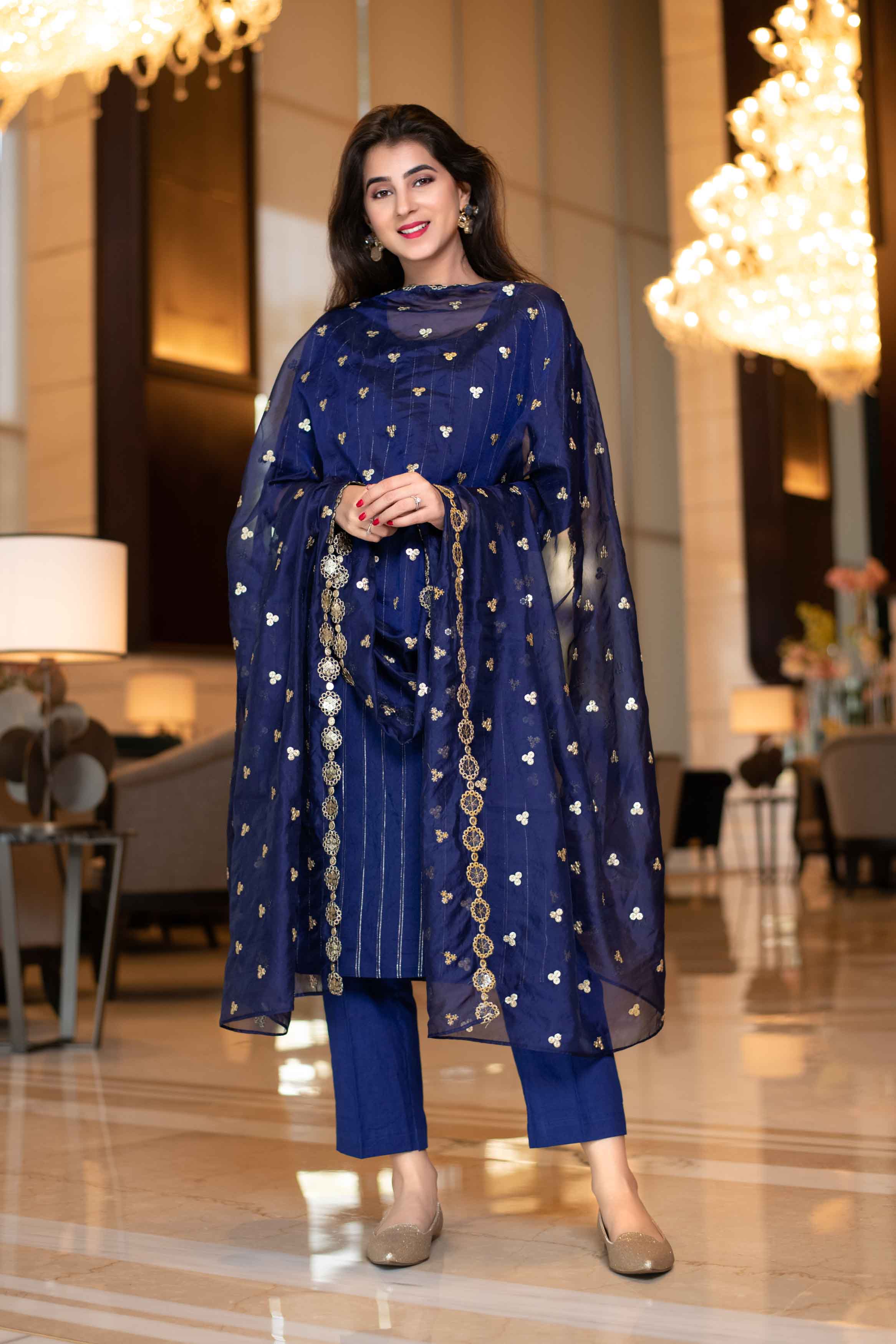 Royal Blue Kurta Set With Organza Dupatta