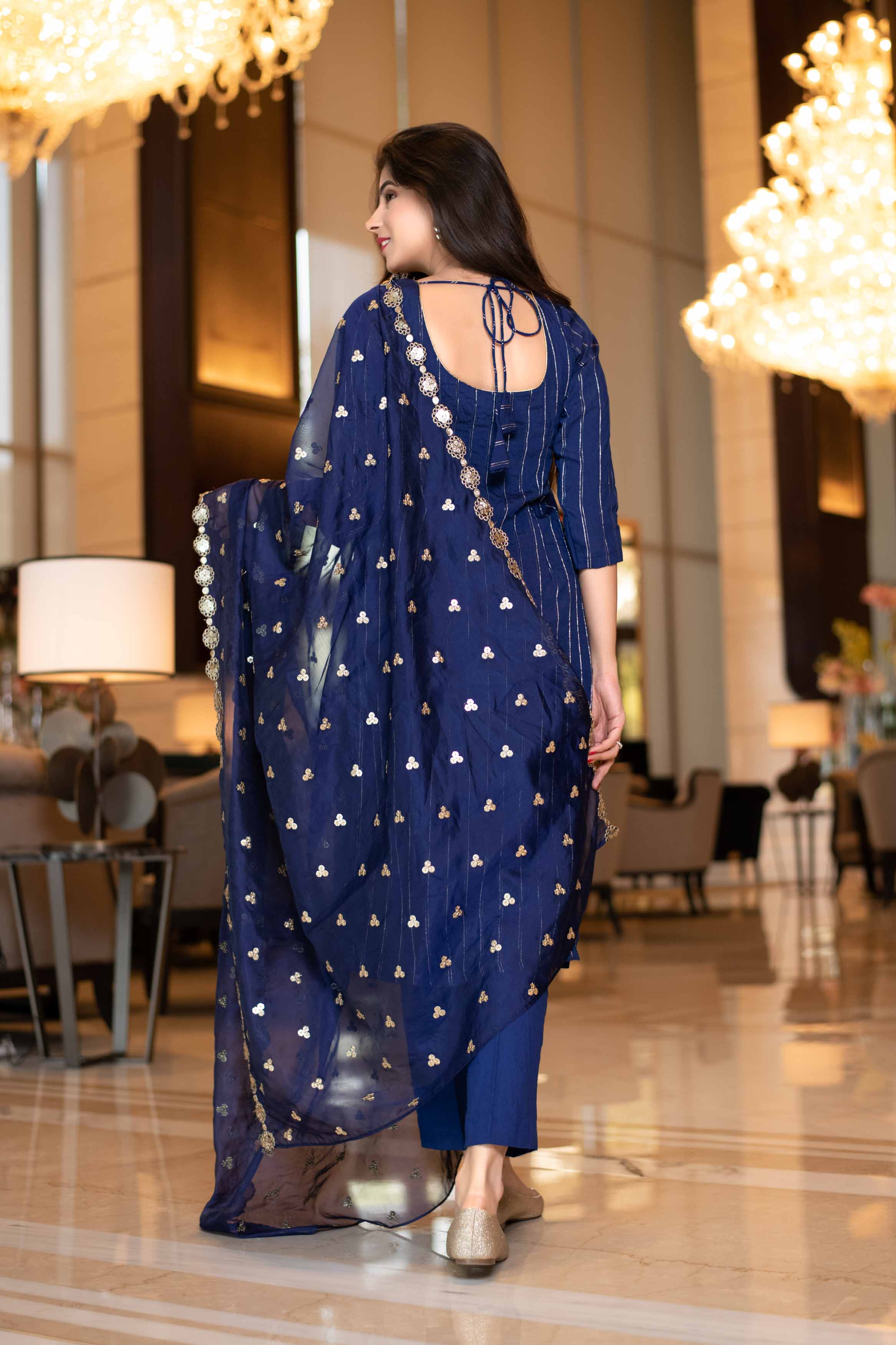 Royal Blue Kurta Set With Organza Dupatta