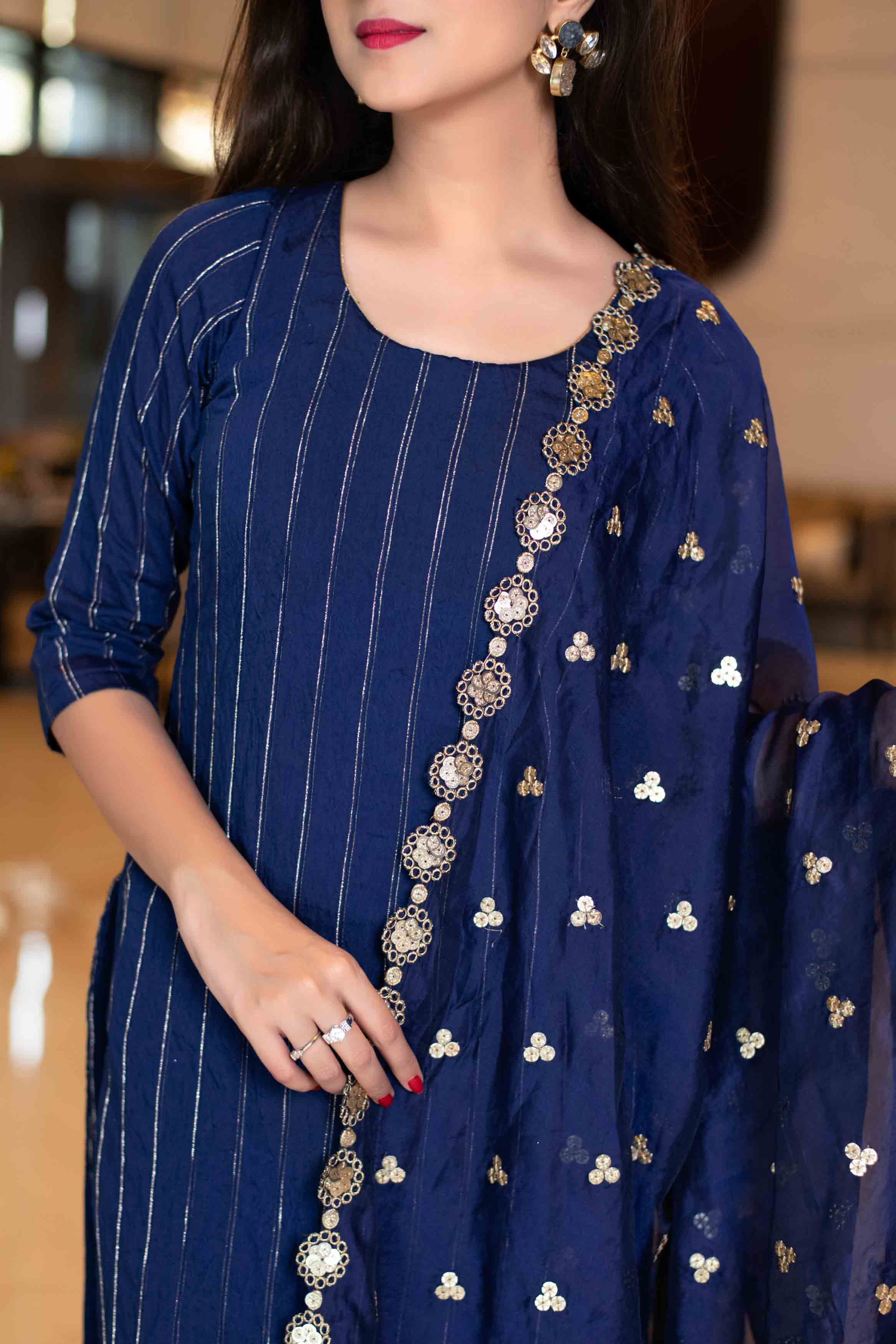 Royal Blue Kurta Set With Organza Dupatta