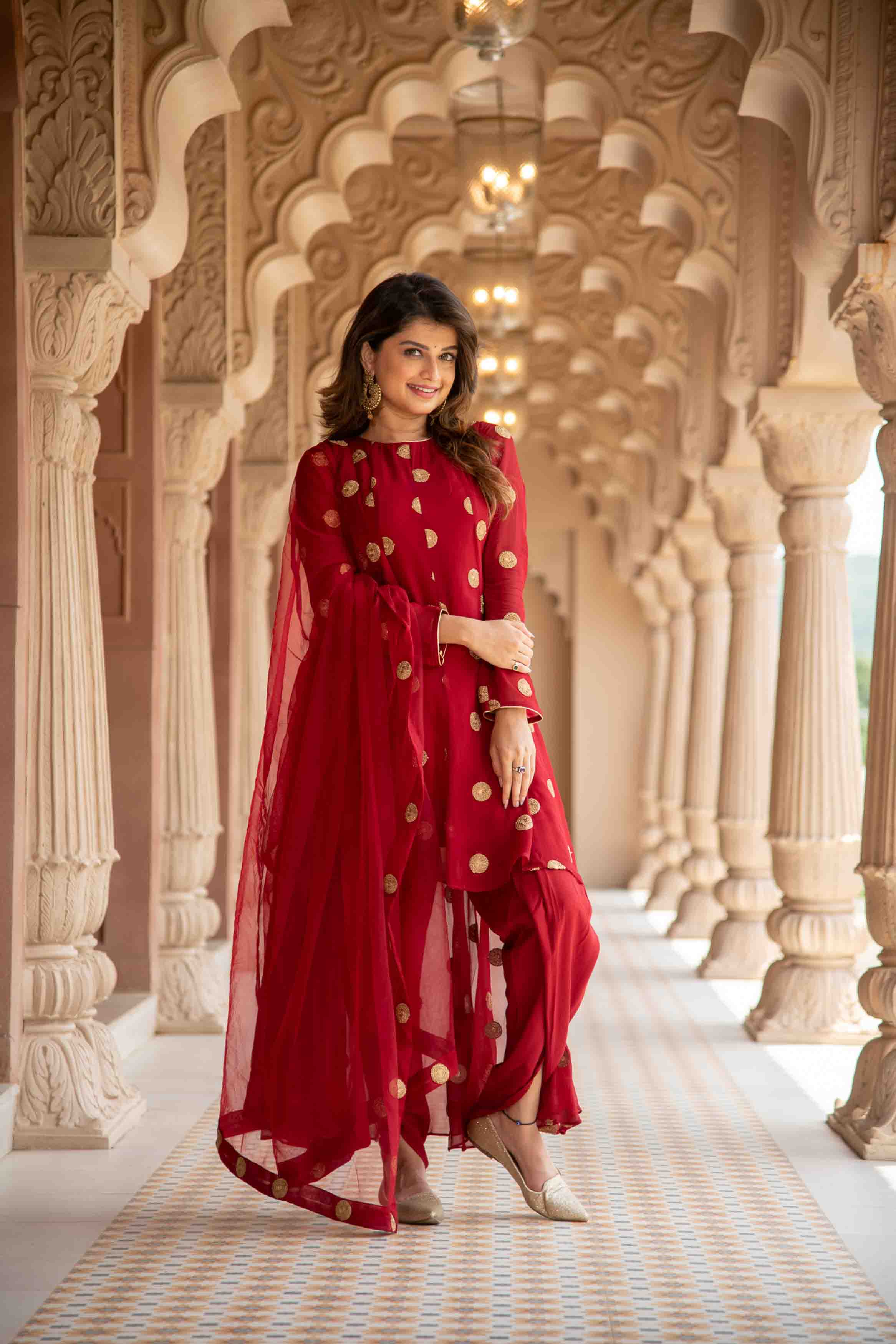 Maroon High Low Dhoti Set