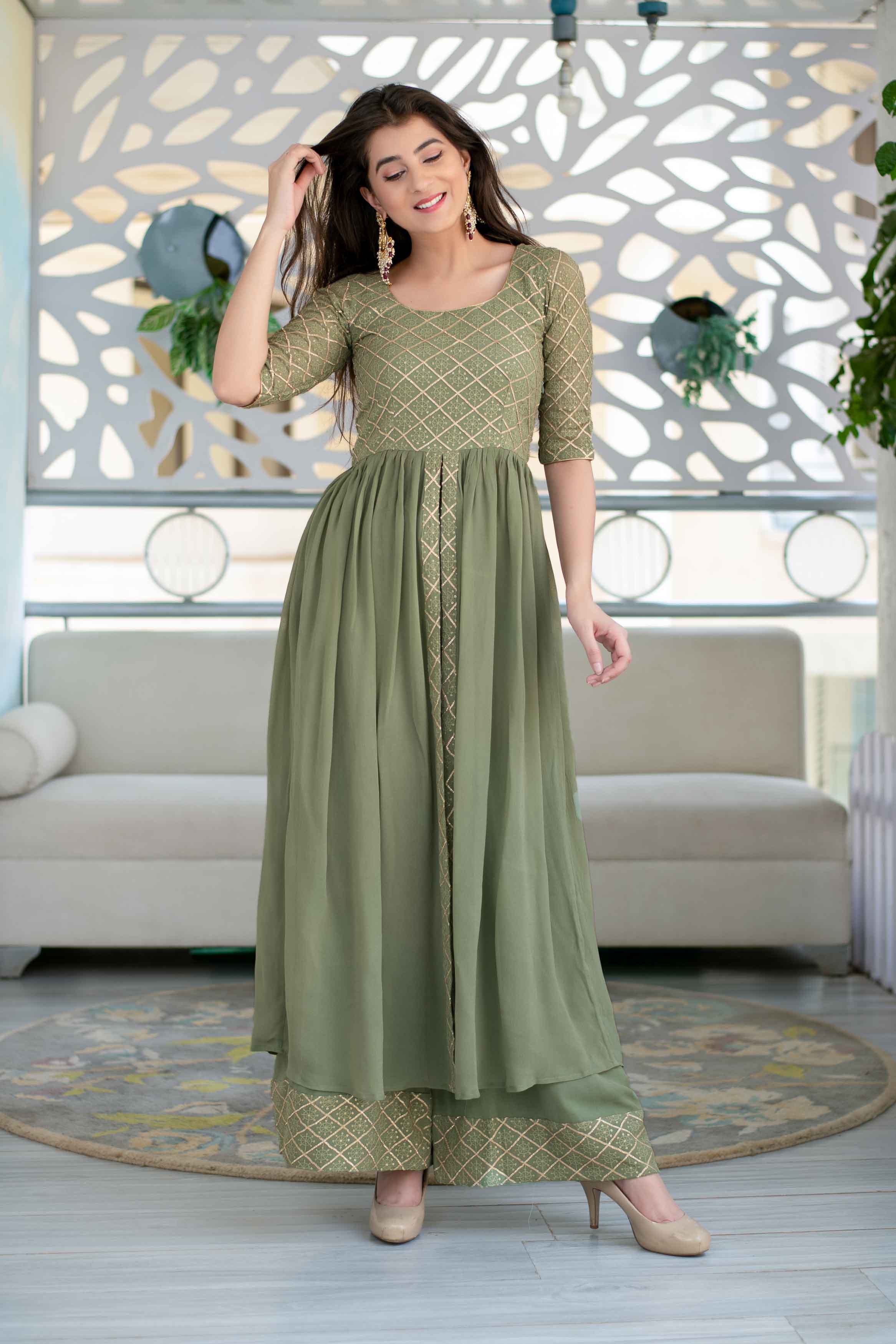 Olive Criss- Cross Indo Western Dress.