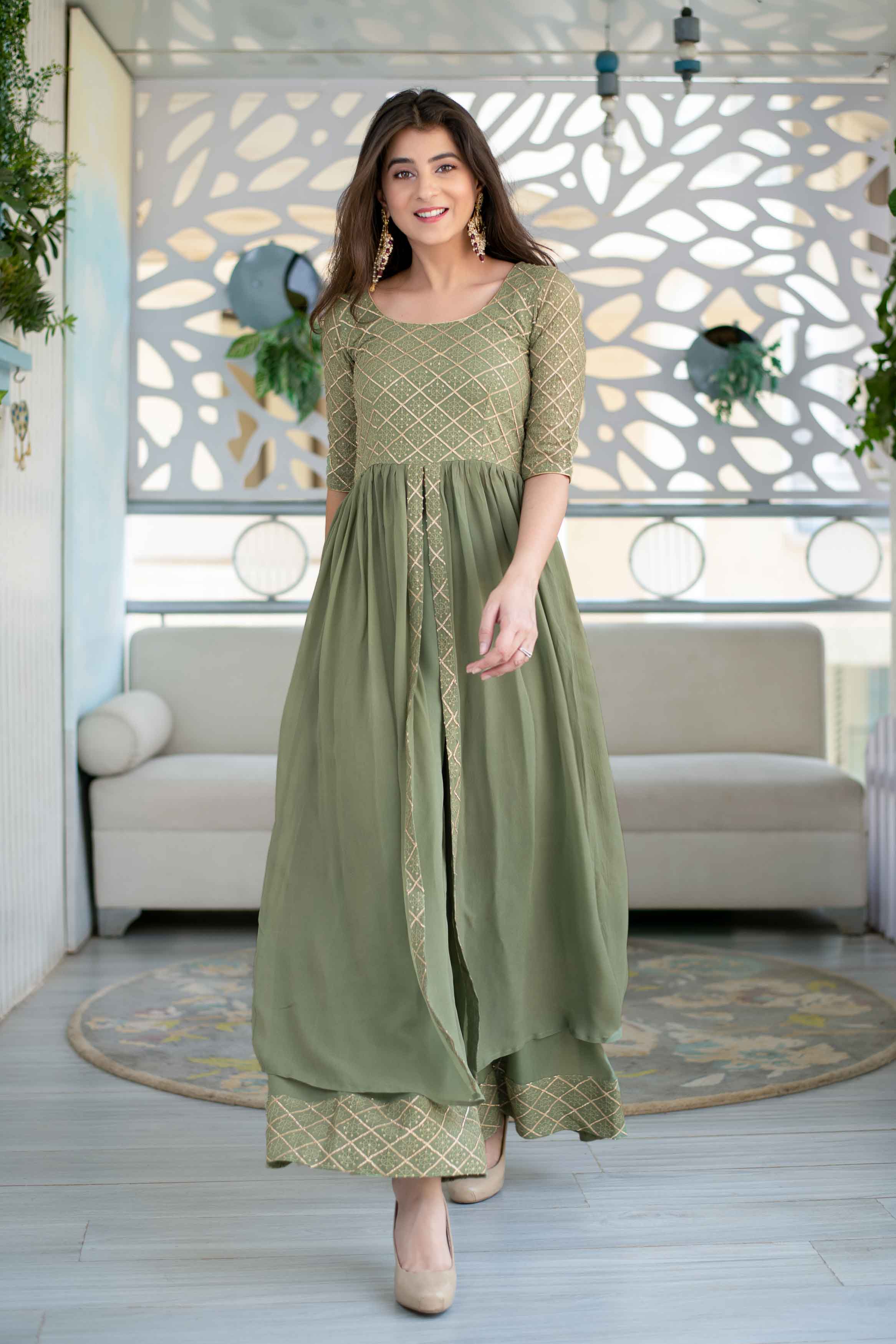 Olive Criss- Cross Indo Western Dress.