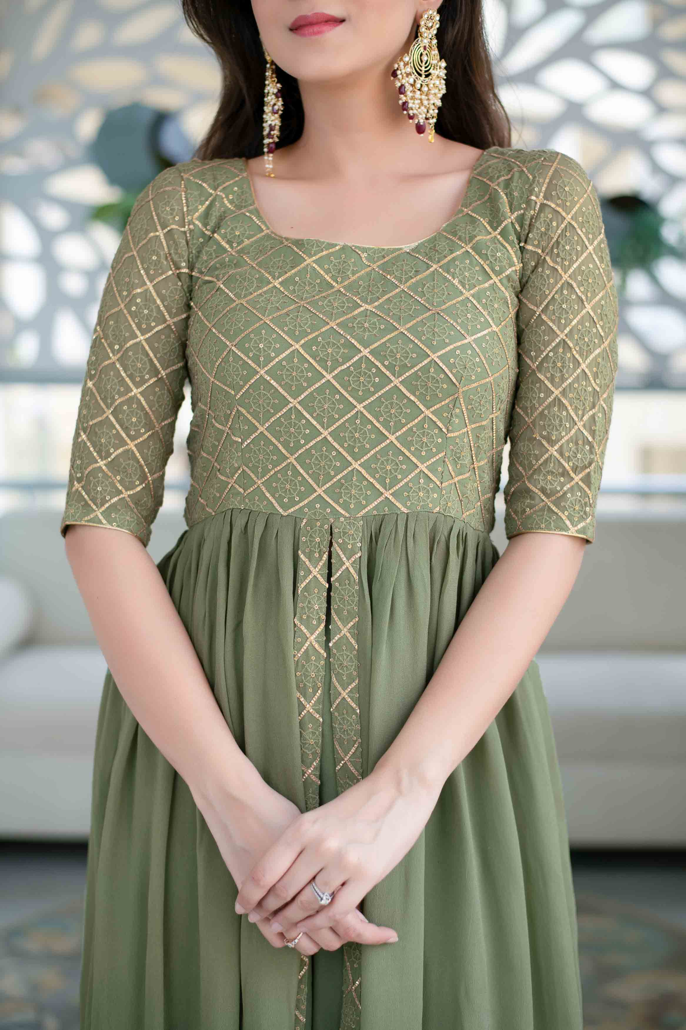 Olive Criss- Cross Indo Western Dress.