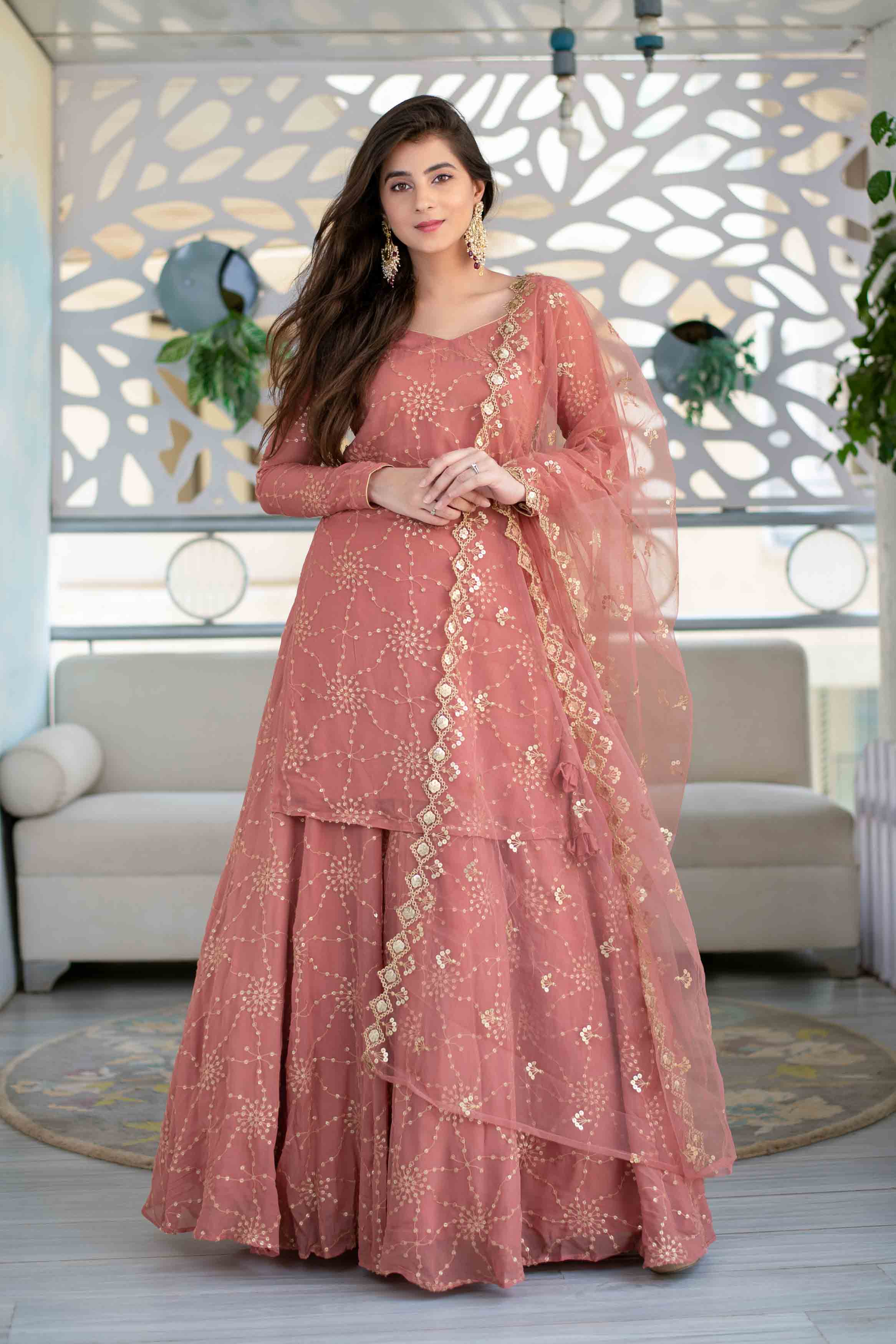 Mauve Long Kurta With Lehenga