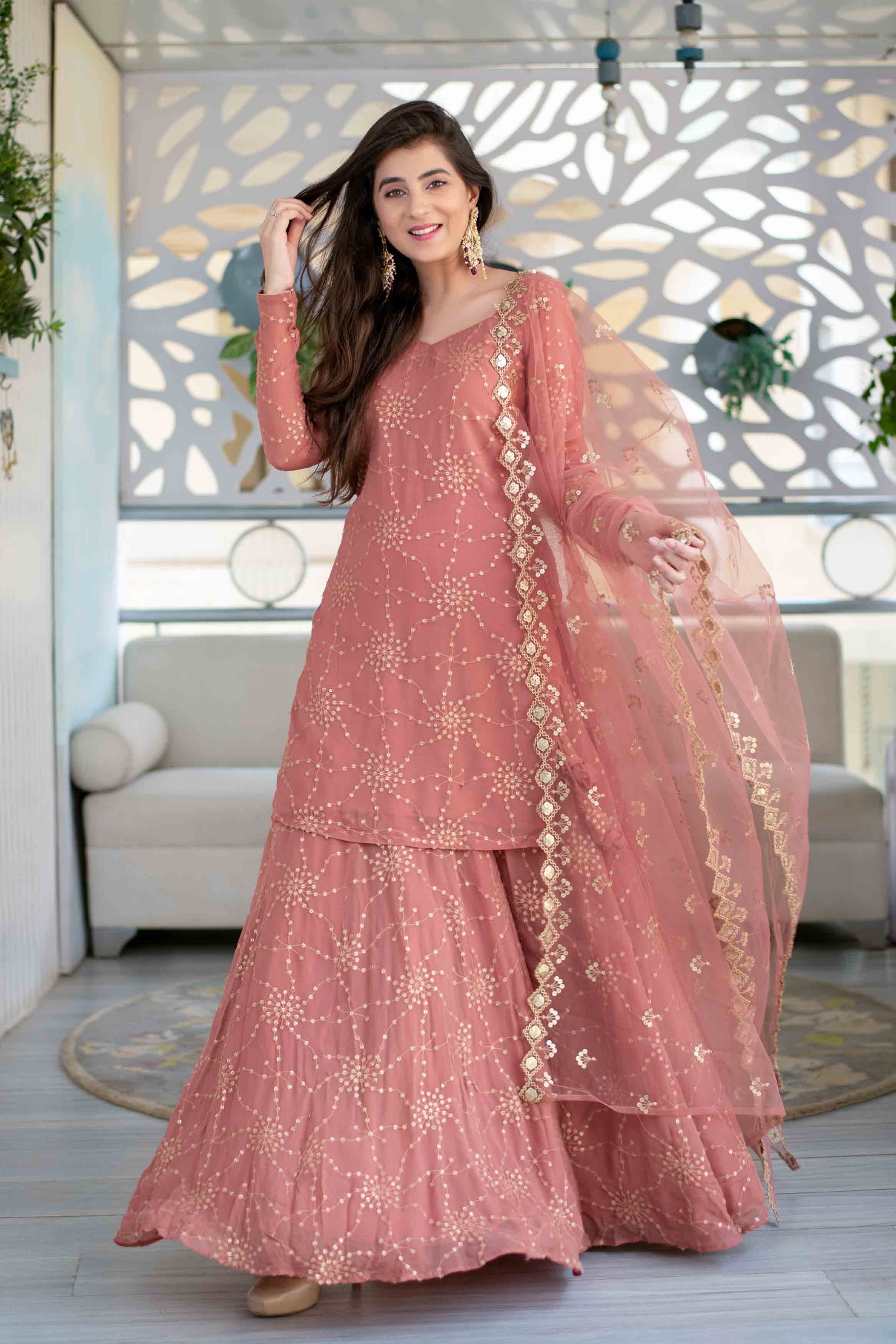 Mauve Long Kurta With Lehenga