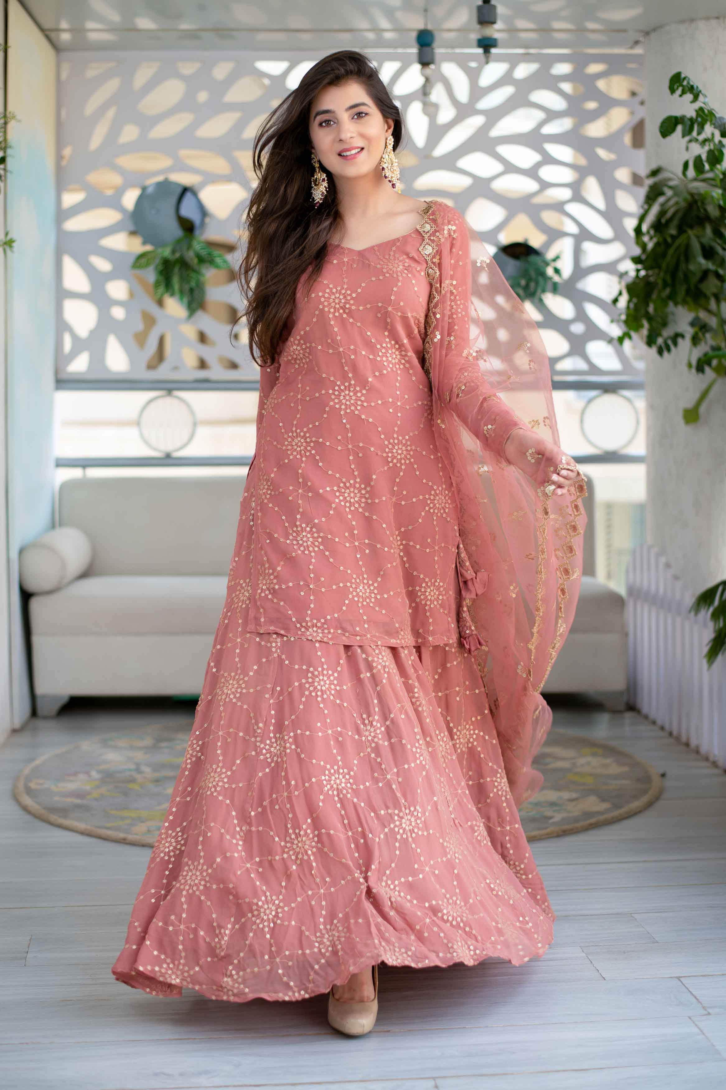 Mauve Long Kurta With Lehenga