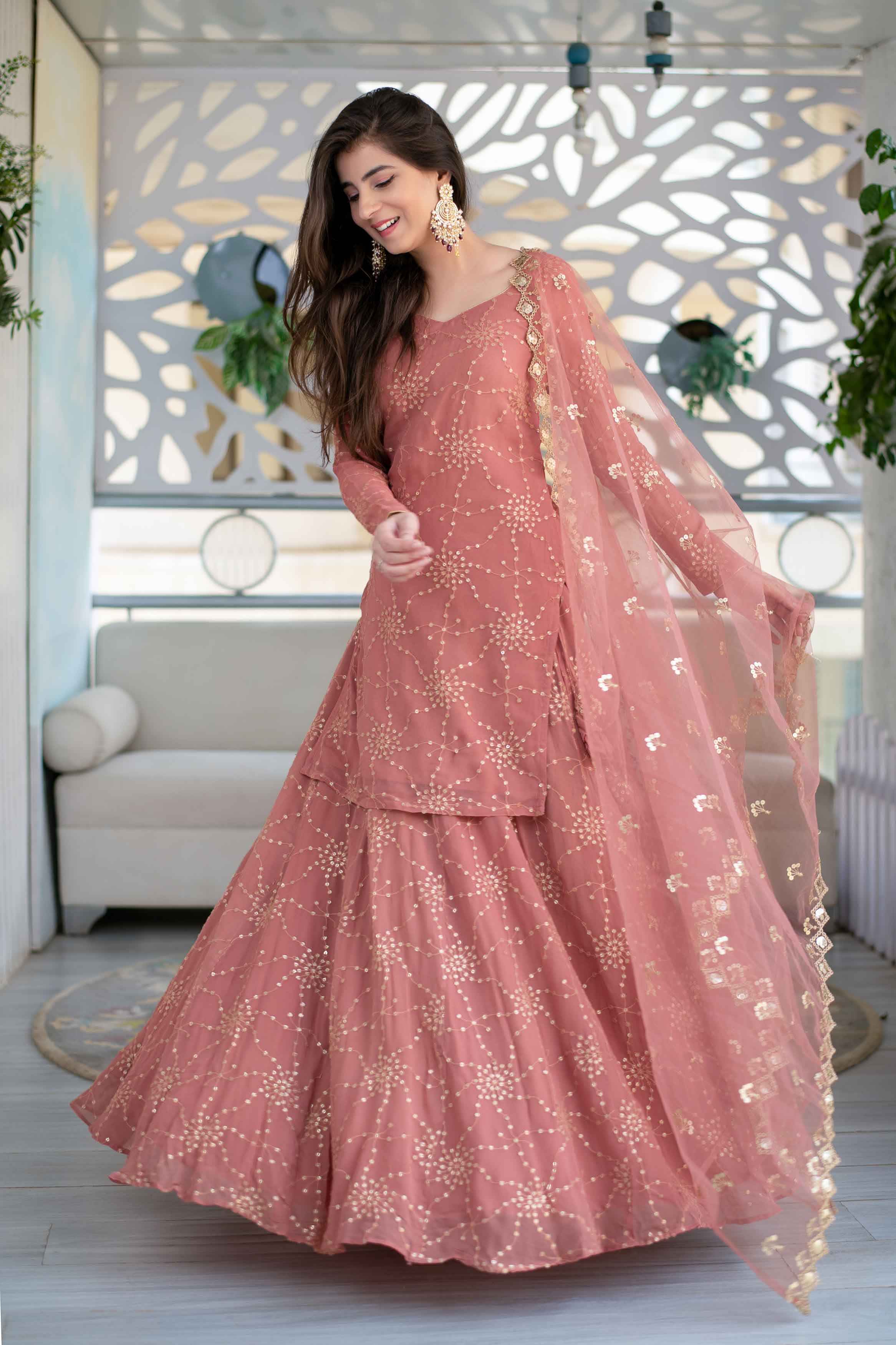 Mauve Long Kurta With Lehenga