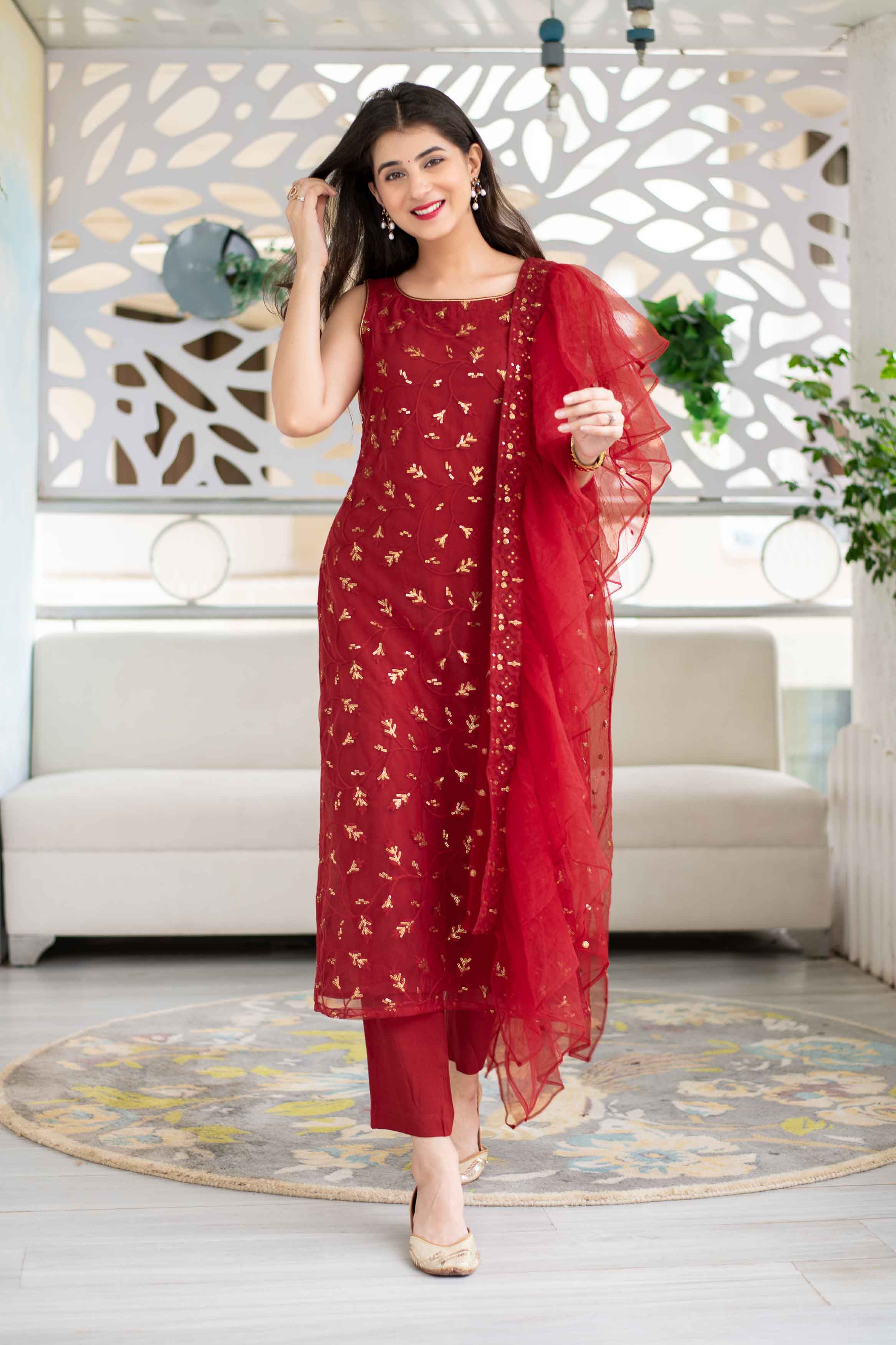 Red Sequin Kurta Suit Set With Net Ruffle Dupatta