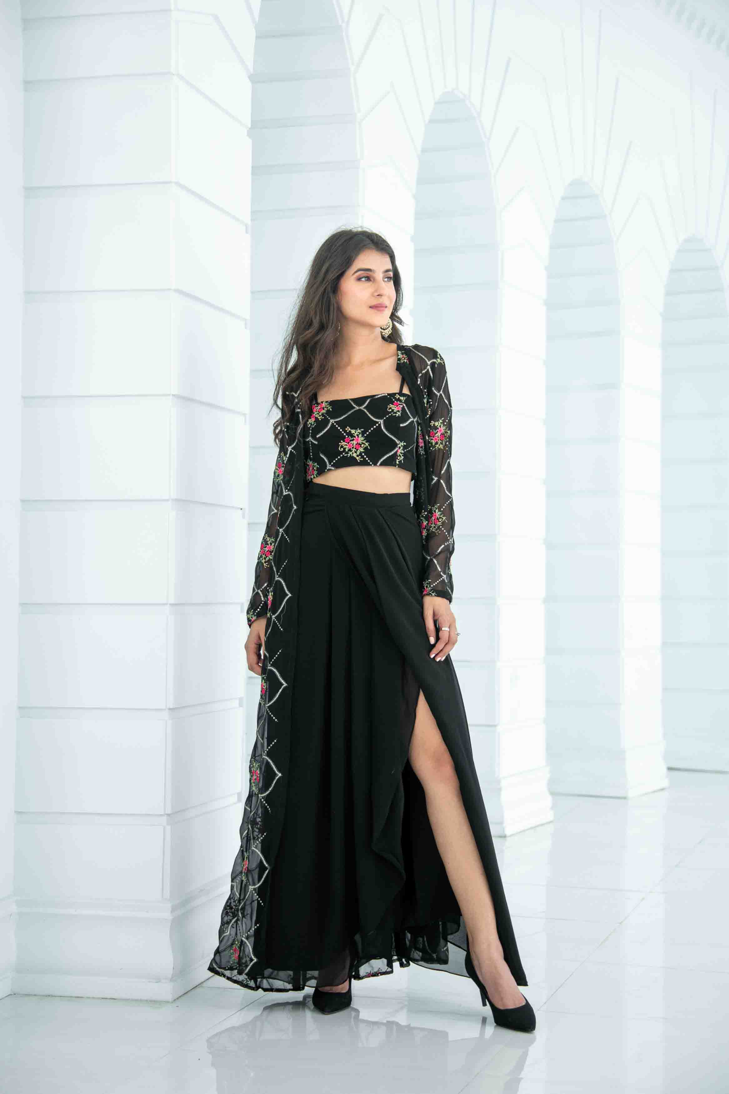 Black Slit Dhoti With Jacket