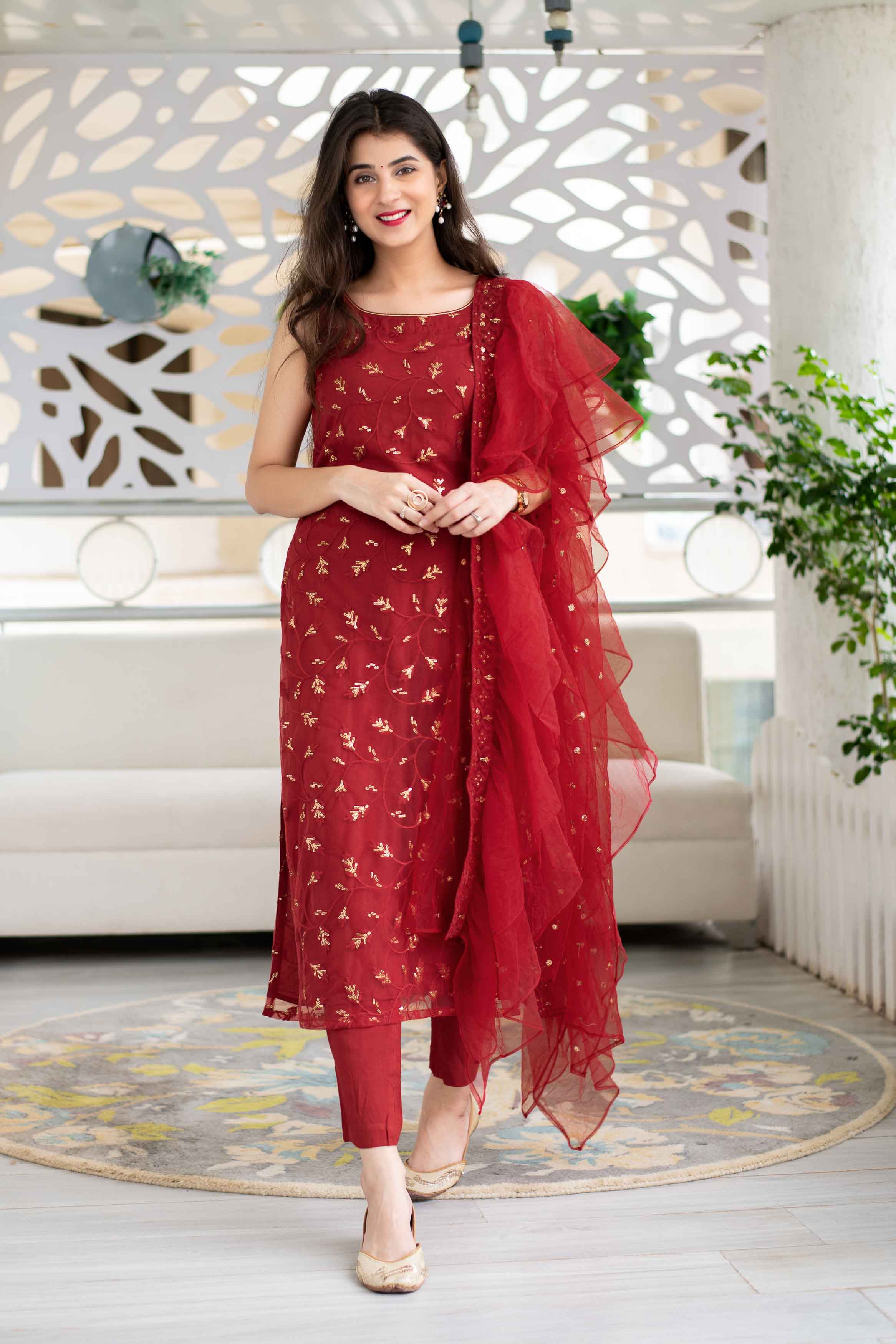 Red Sequin Kurta Suit Set With Net Ruffle Dupatta