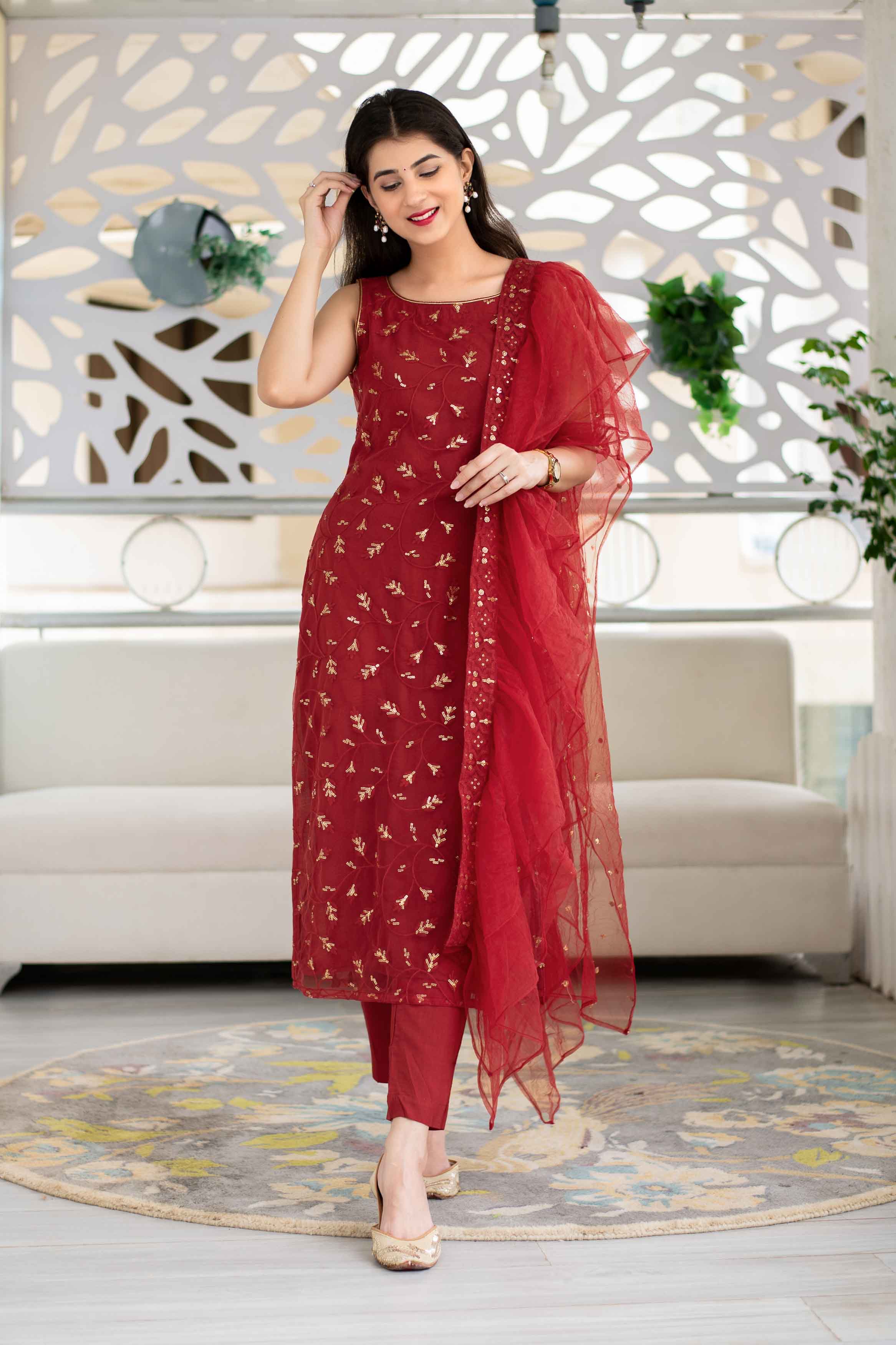 Red Sequin Kurta Suit Set With Net Ruffle Dupatta