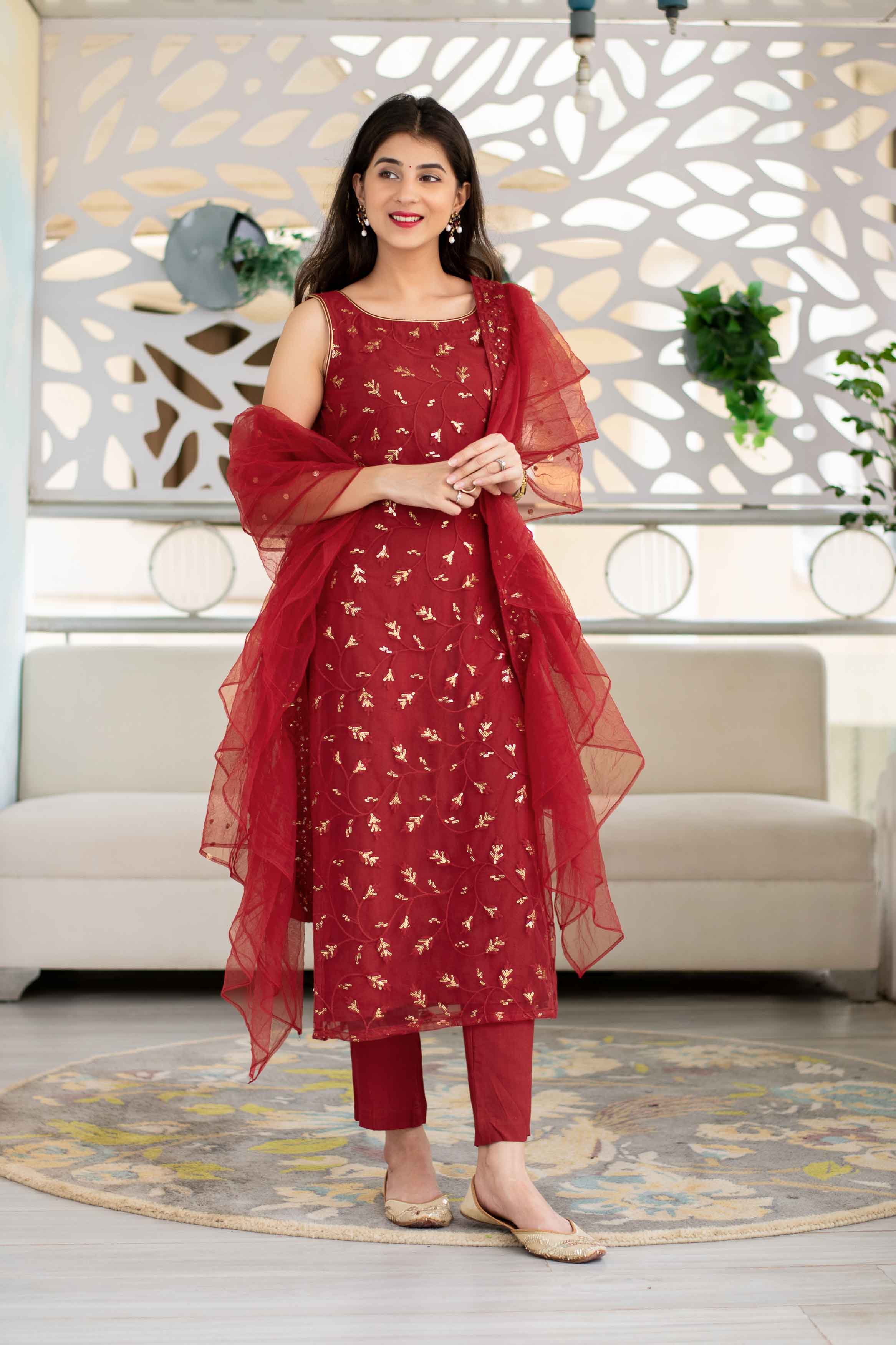 Red Sequin Kurta Suit Set With Net Ruffle Dupatta