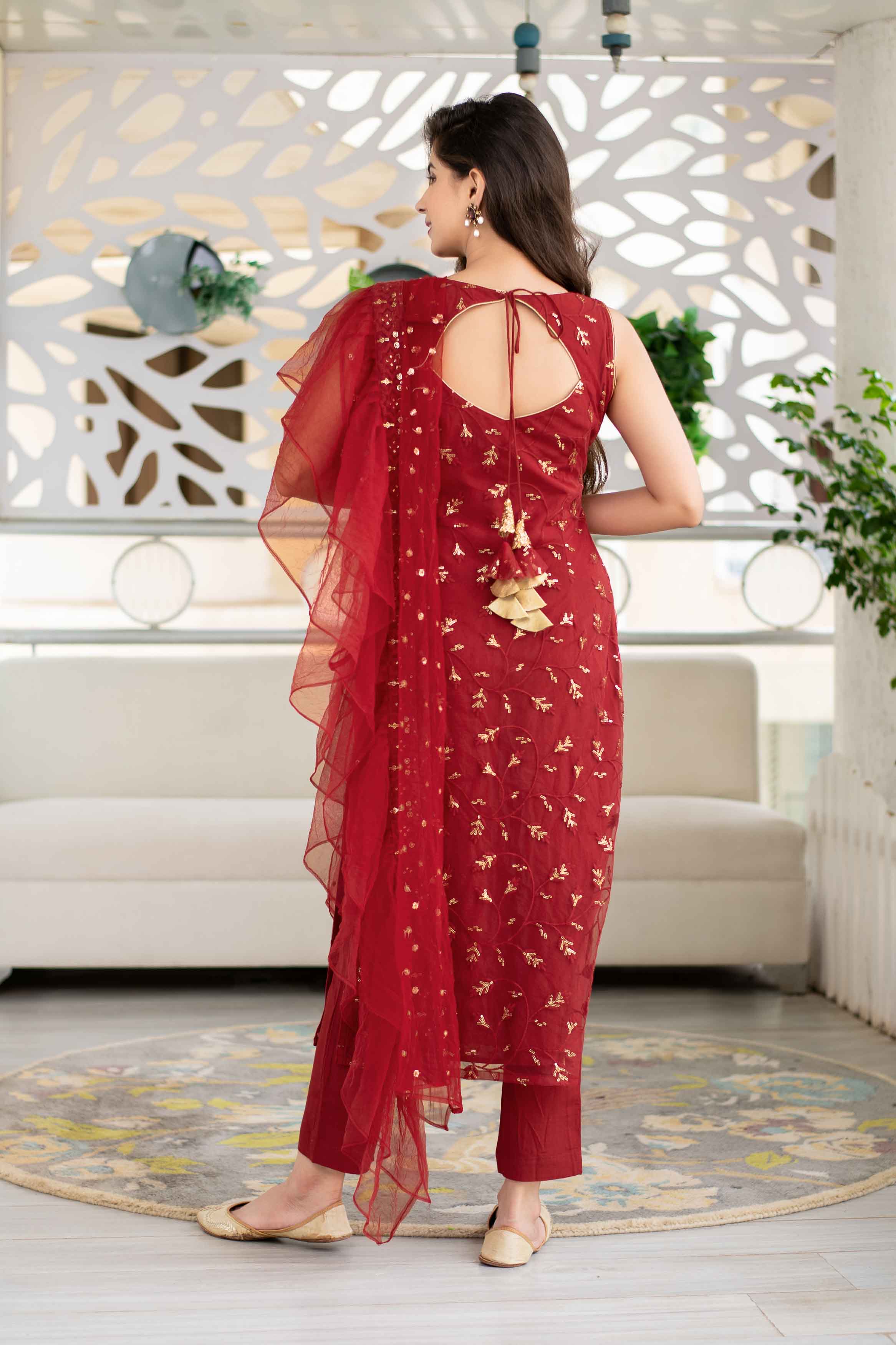 Red Sequin Kurta Suit Set With Net Ruffle Dupatta