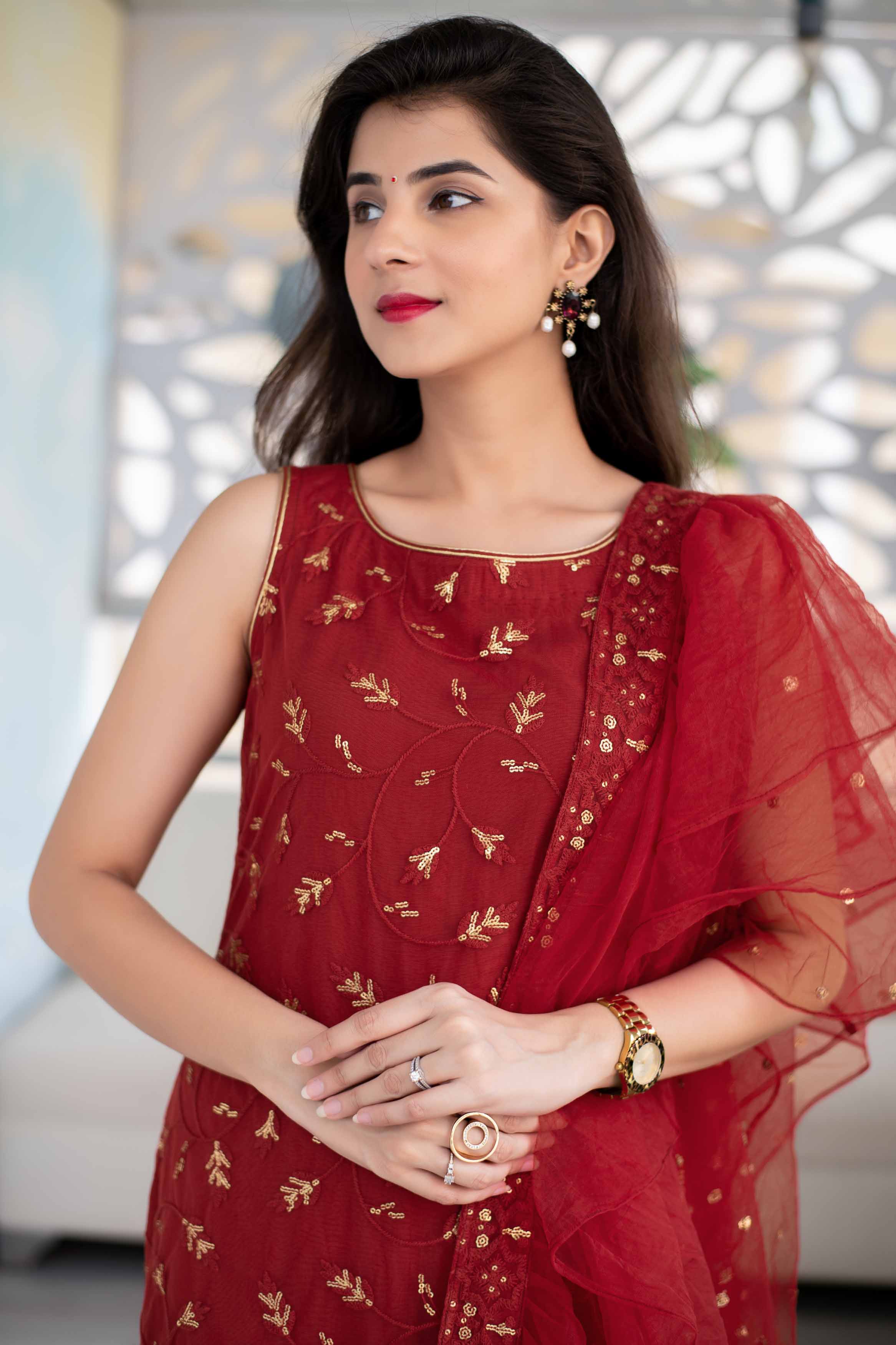 Red Sequin Kurta Suit Set With Net Ruffle Dupatta