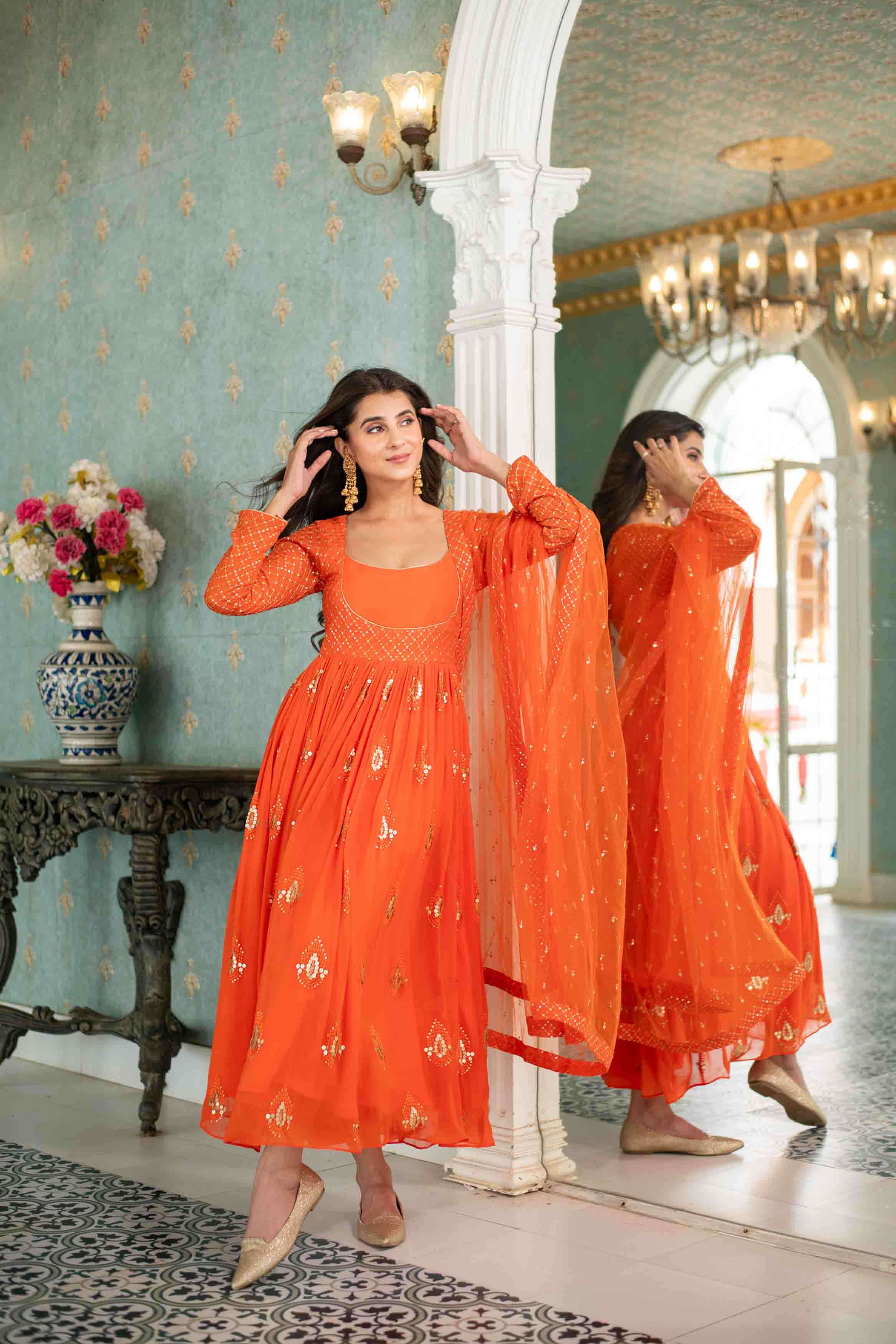 Orange  Choli Style Anarkali Set