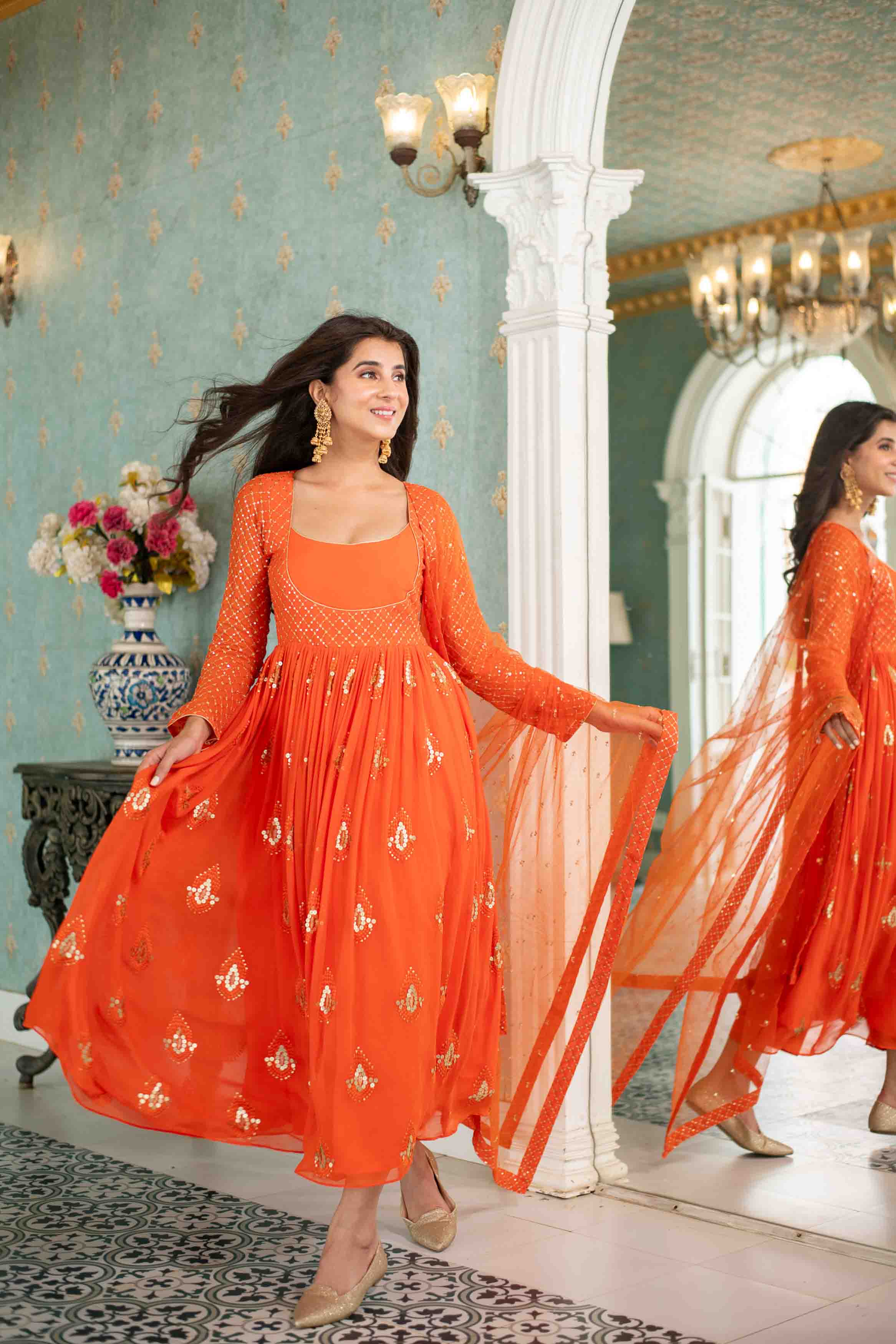 Orange  Choli Style Anarkali Set