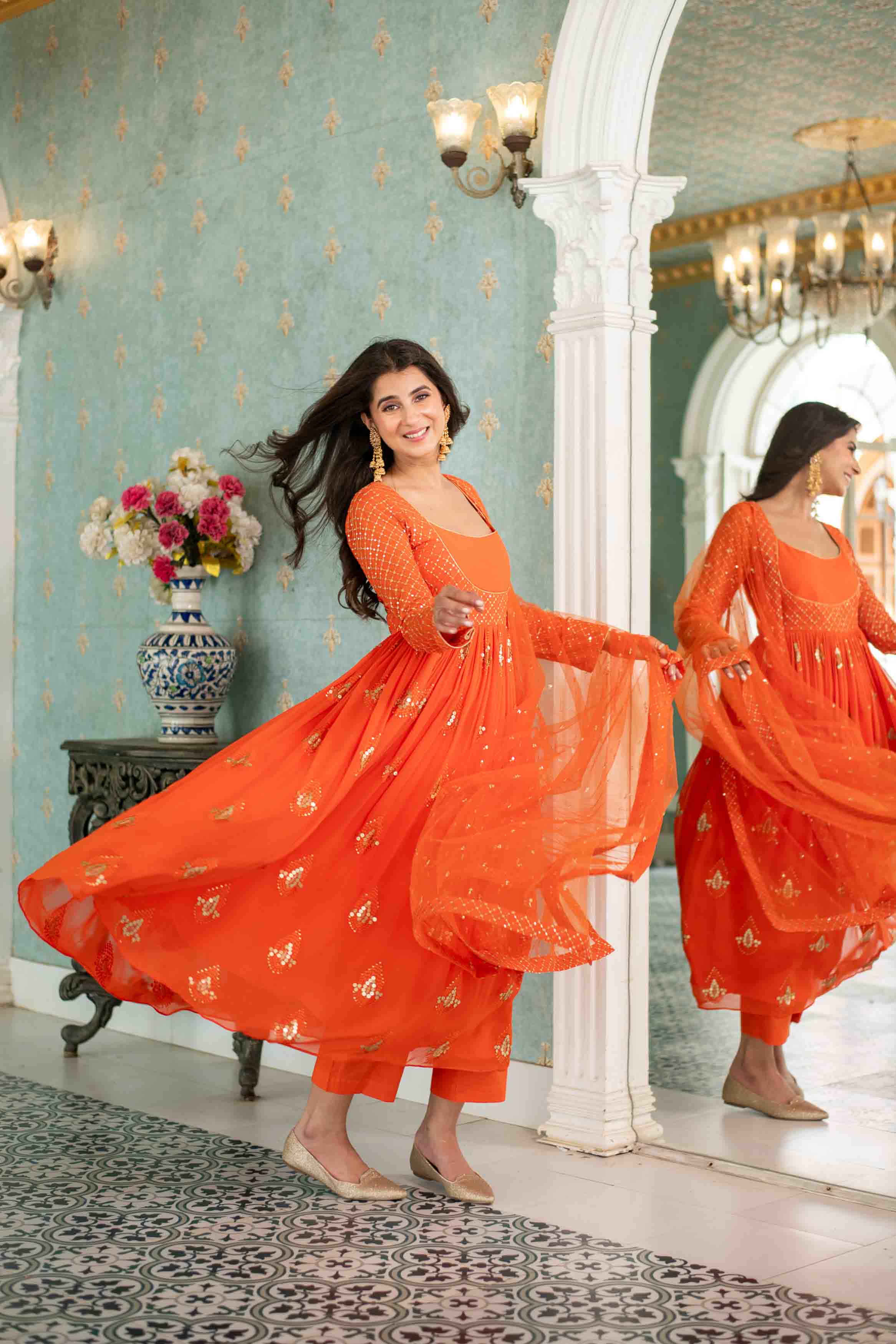 Orange  Choli Style Anarkali Set