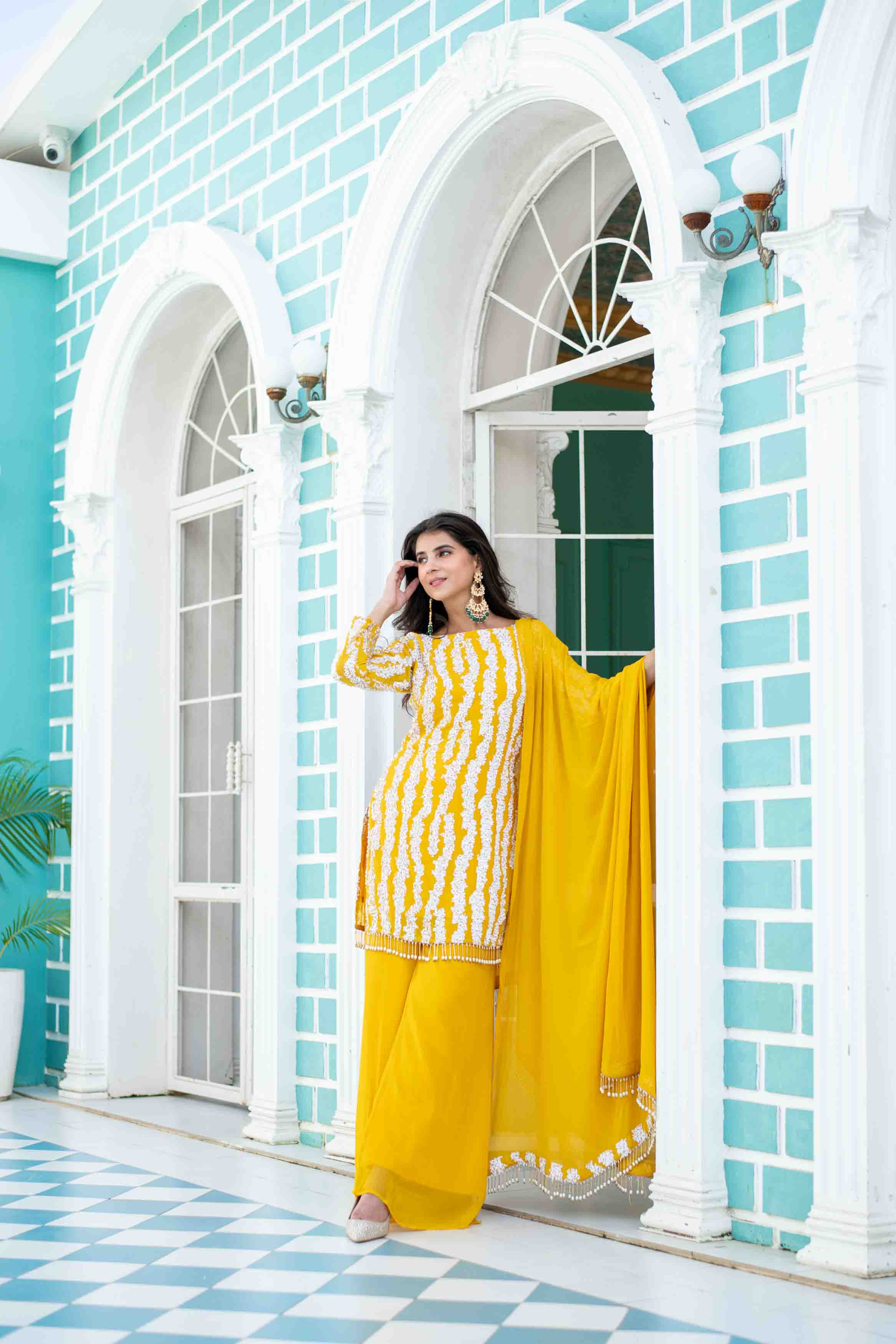 Yellow White Long Sequin Palazzo