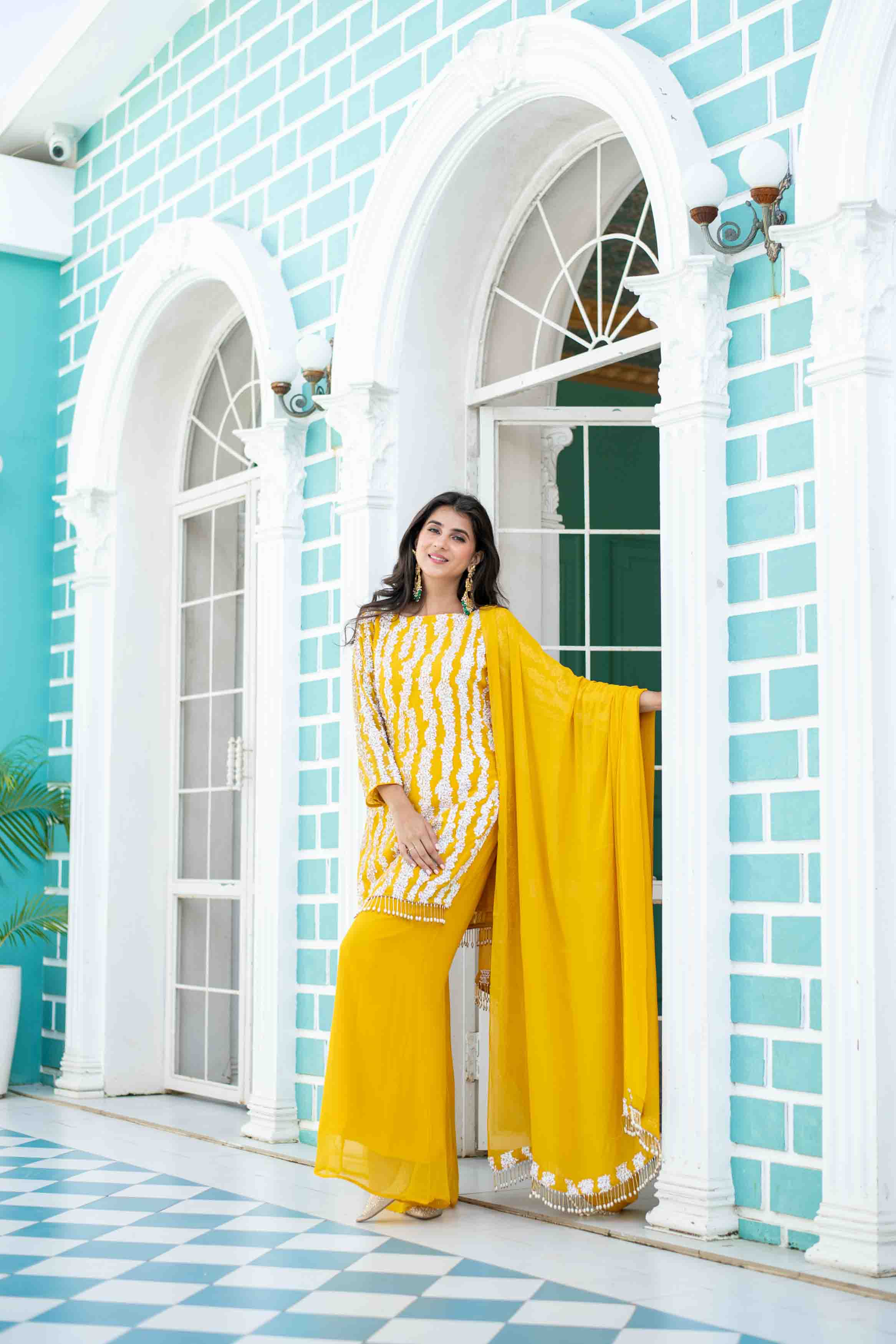 Yellow White Long Sequin Palazzo