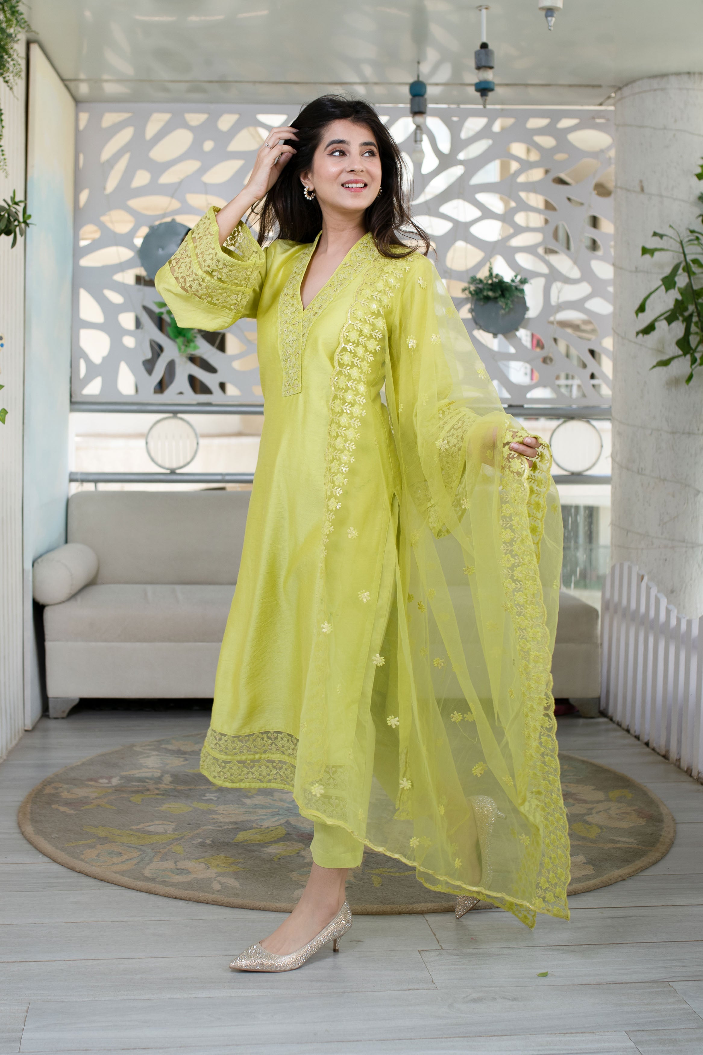 Lime Green Kurta With Lace Work