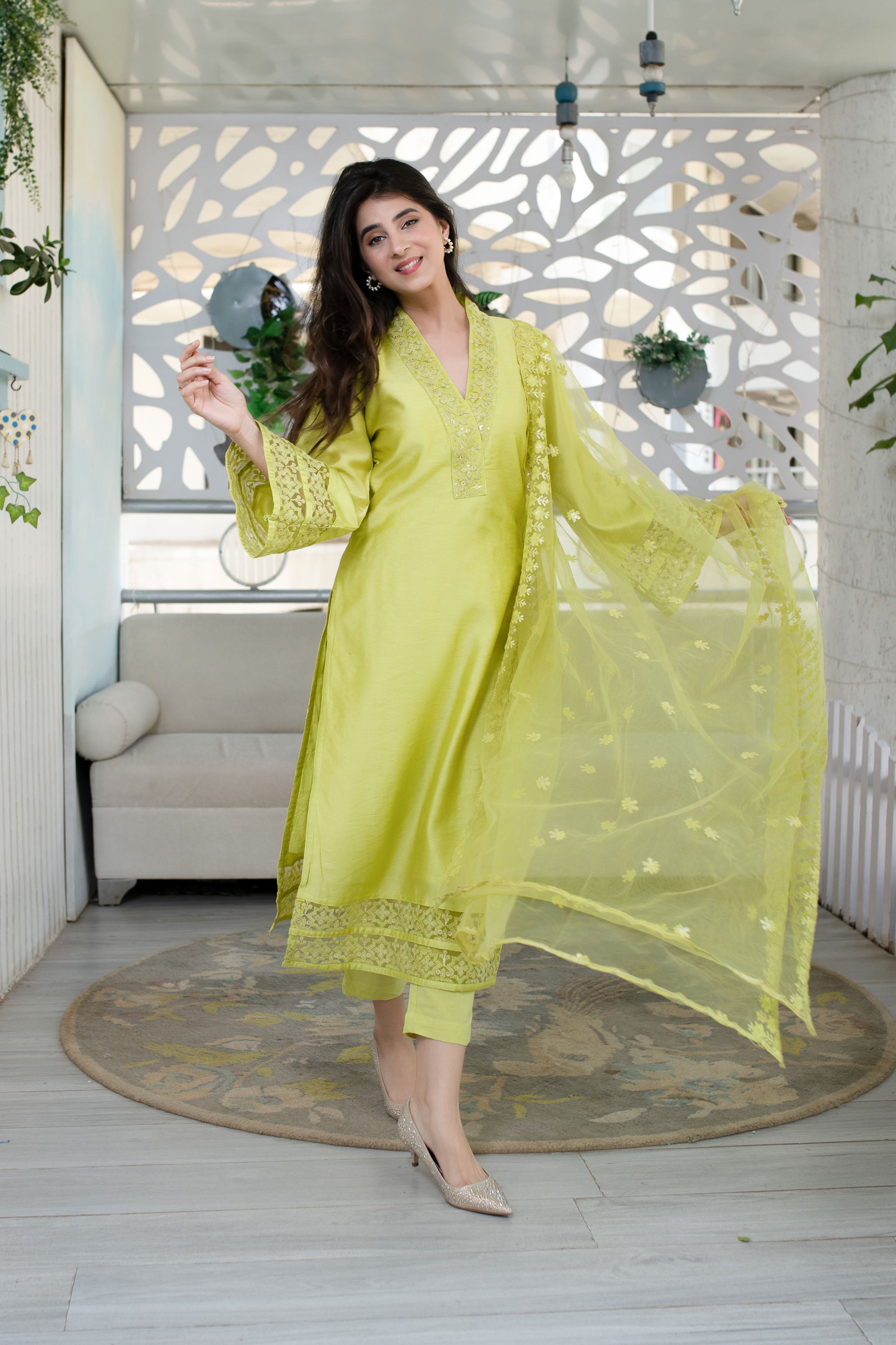 Lime Green Kurta With Lace Work