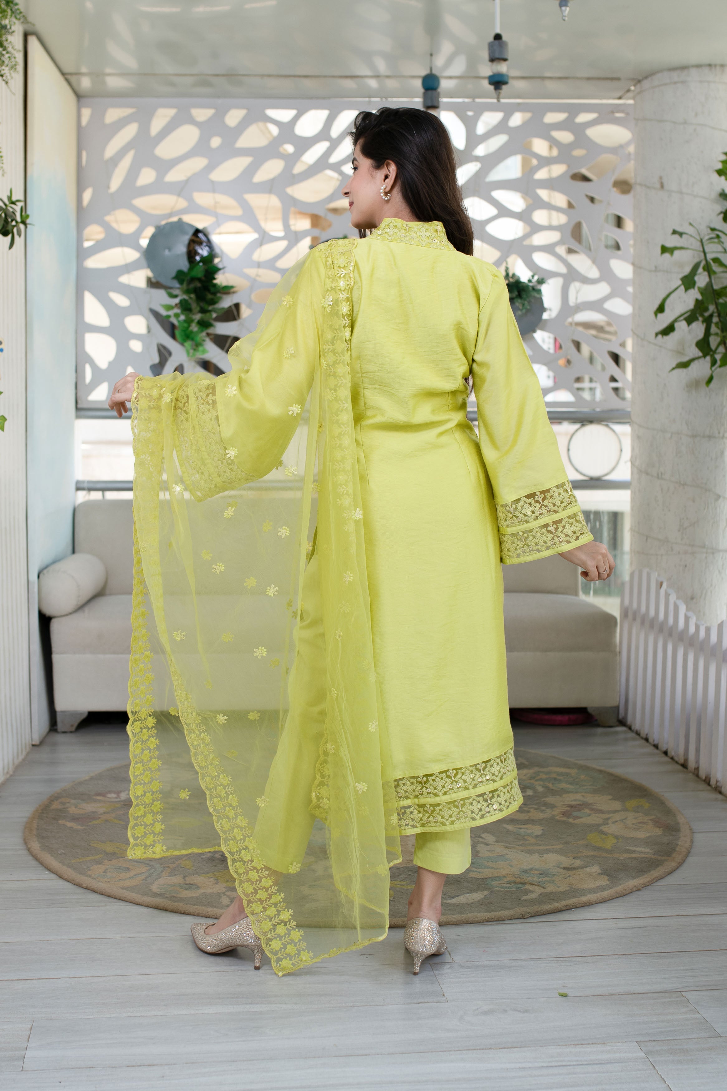 Lime Green Kurta With Lace Work