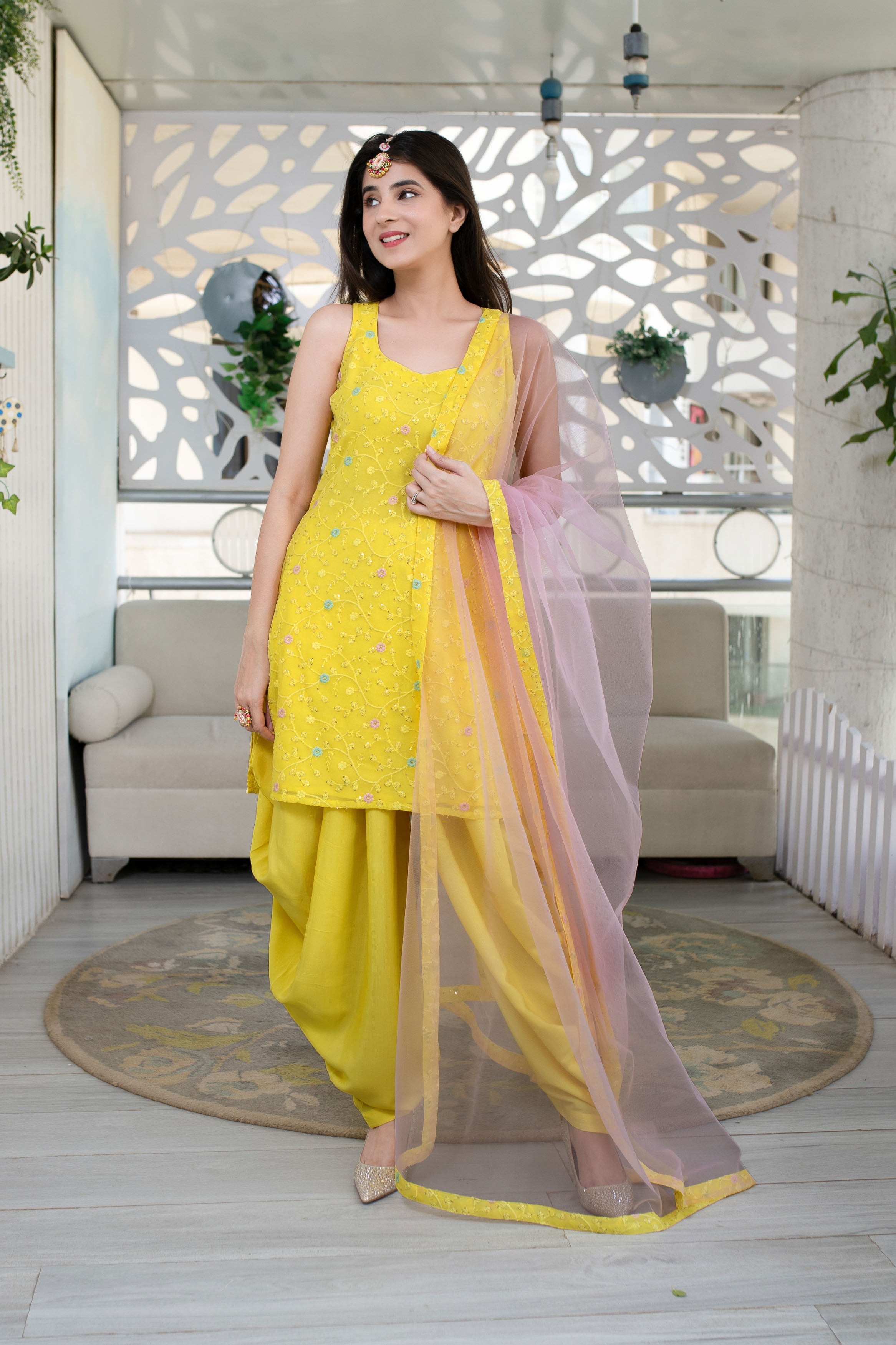 Yellow And Pink Patiala Set