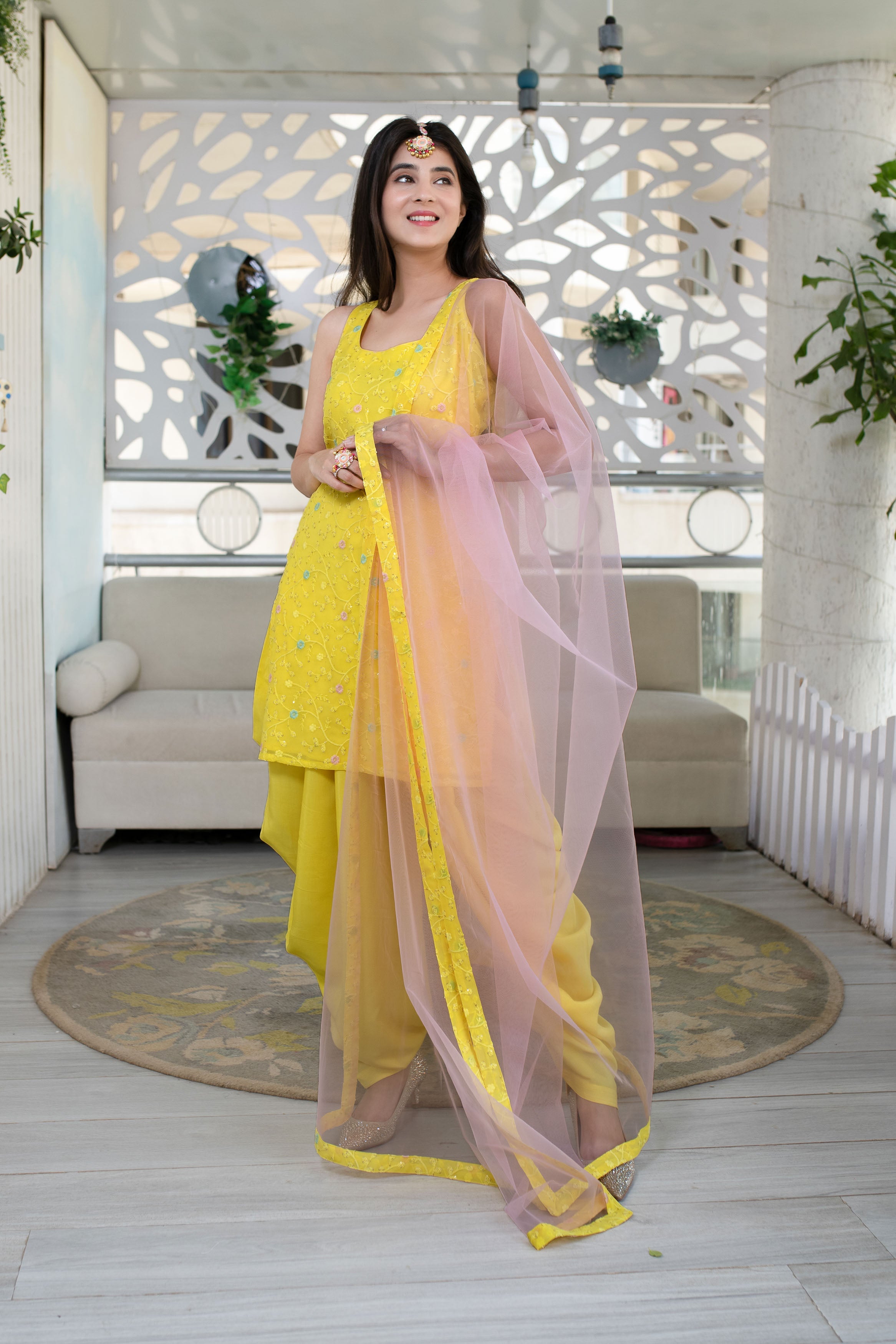 Yellow And Pink Patiala Set