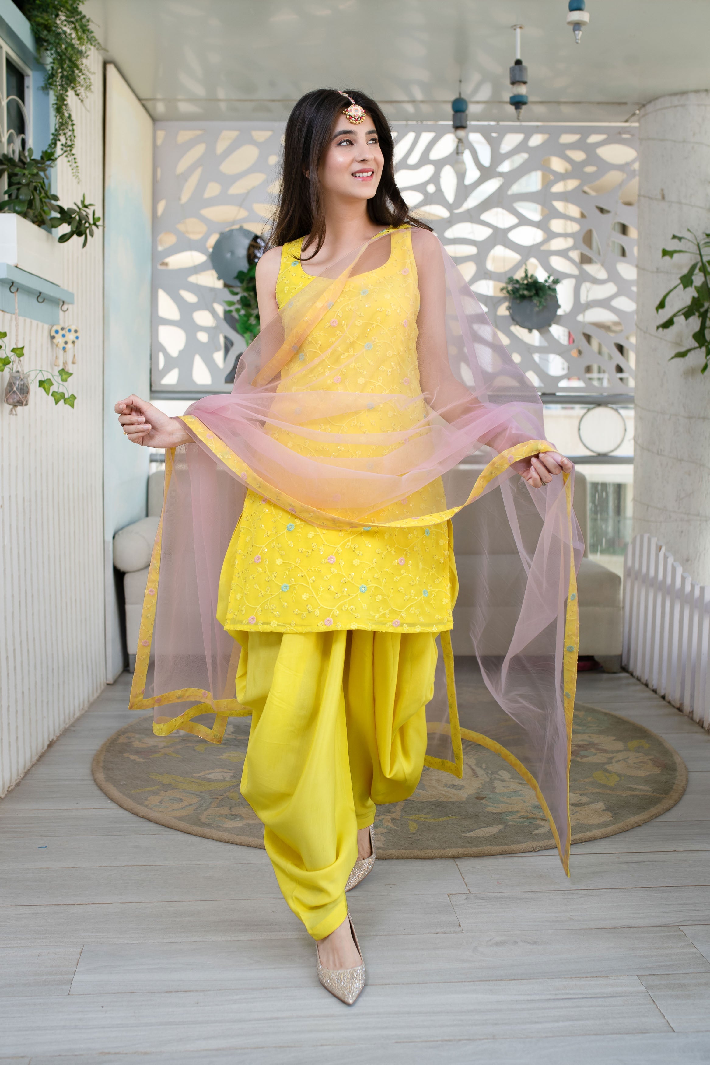 Yellow And Pink Patiala Set