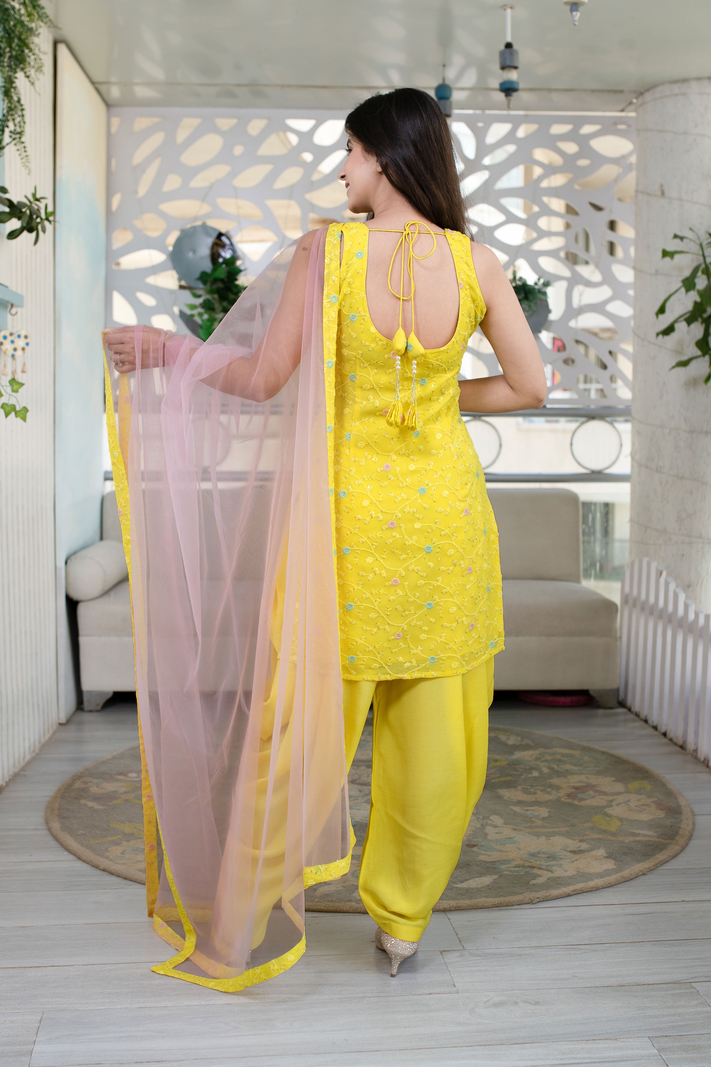 Yellow And Pink Patiala Set