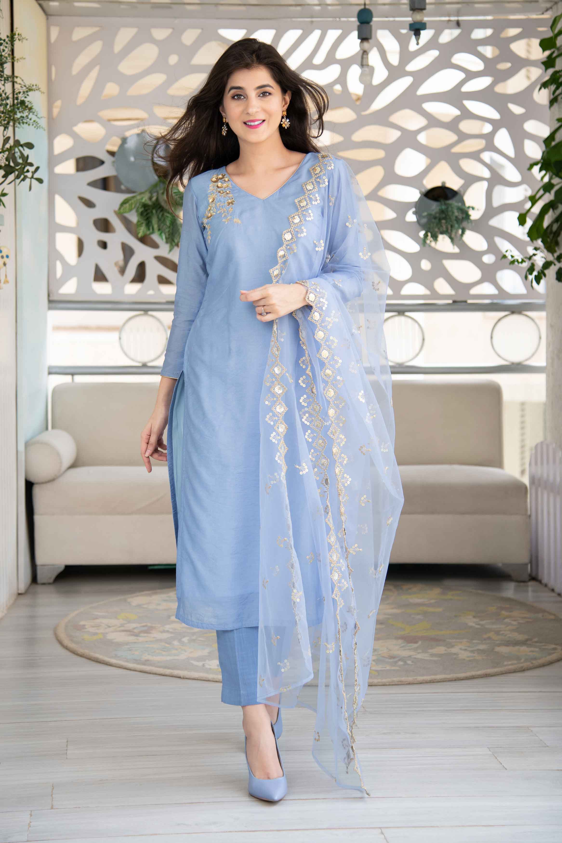 Powder Blue Embellished Kurta Set