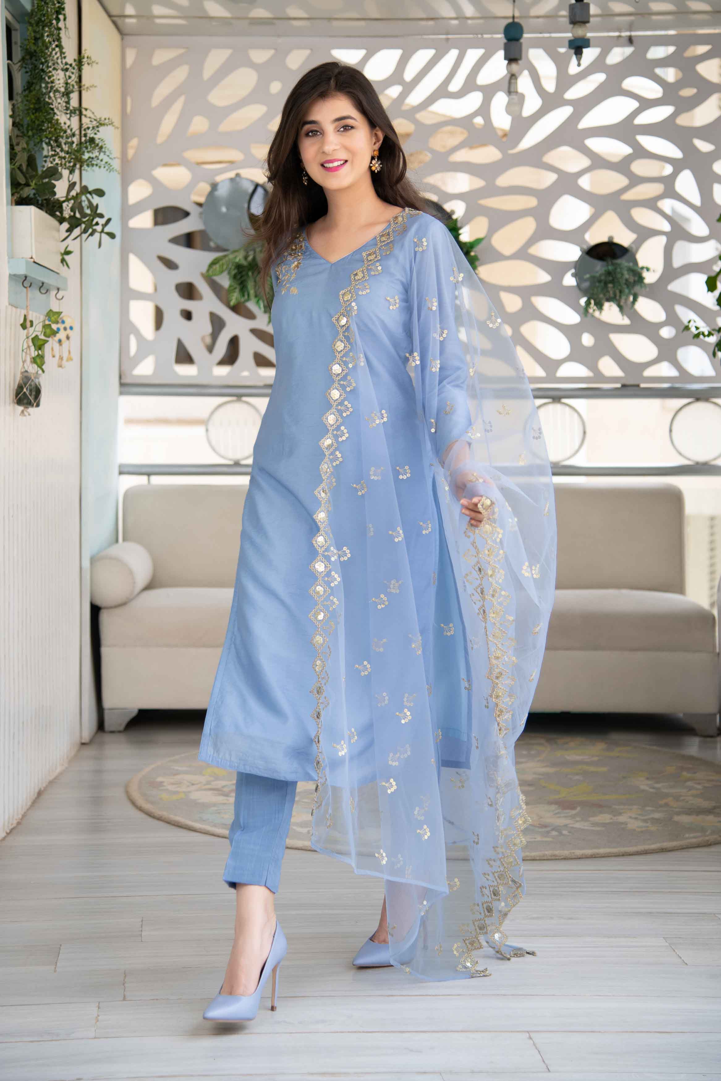 Powder Blue Embellished Kurta Set