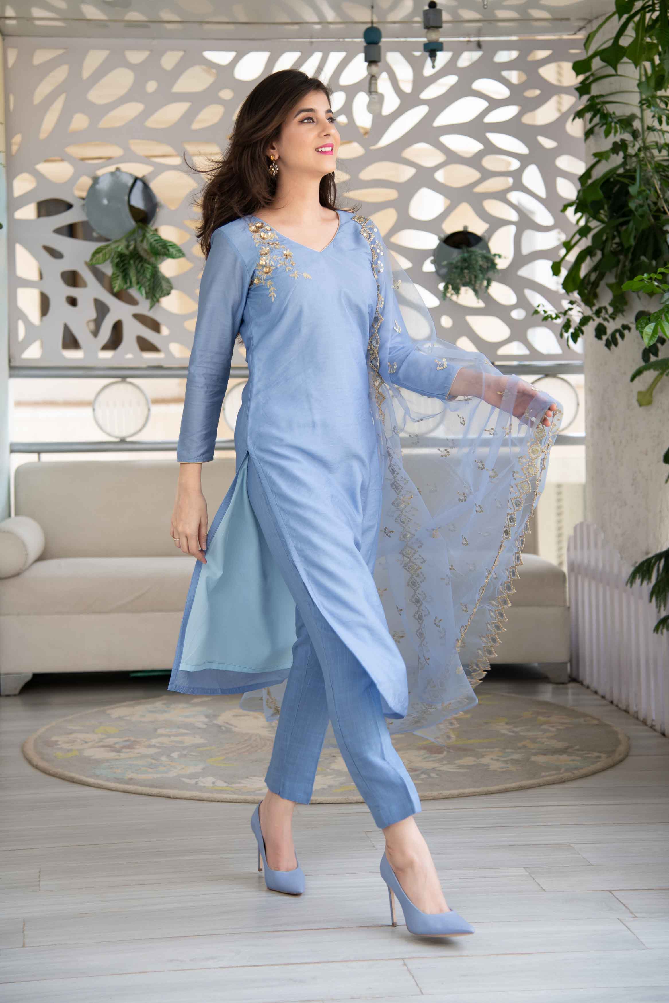 Powder Blue Embellished Kurta Set