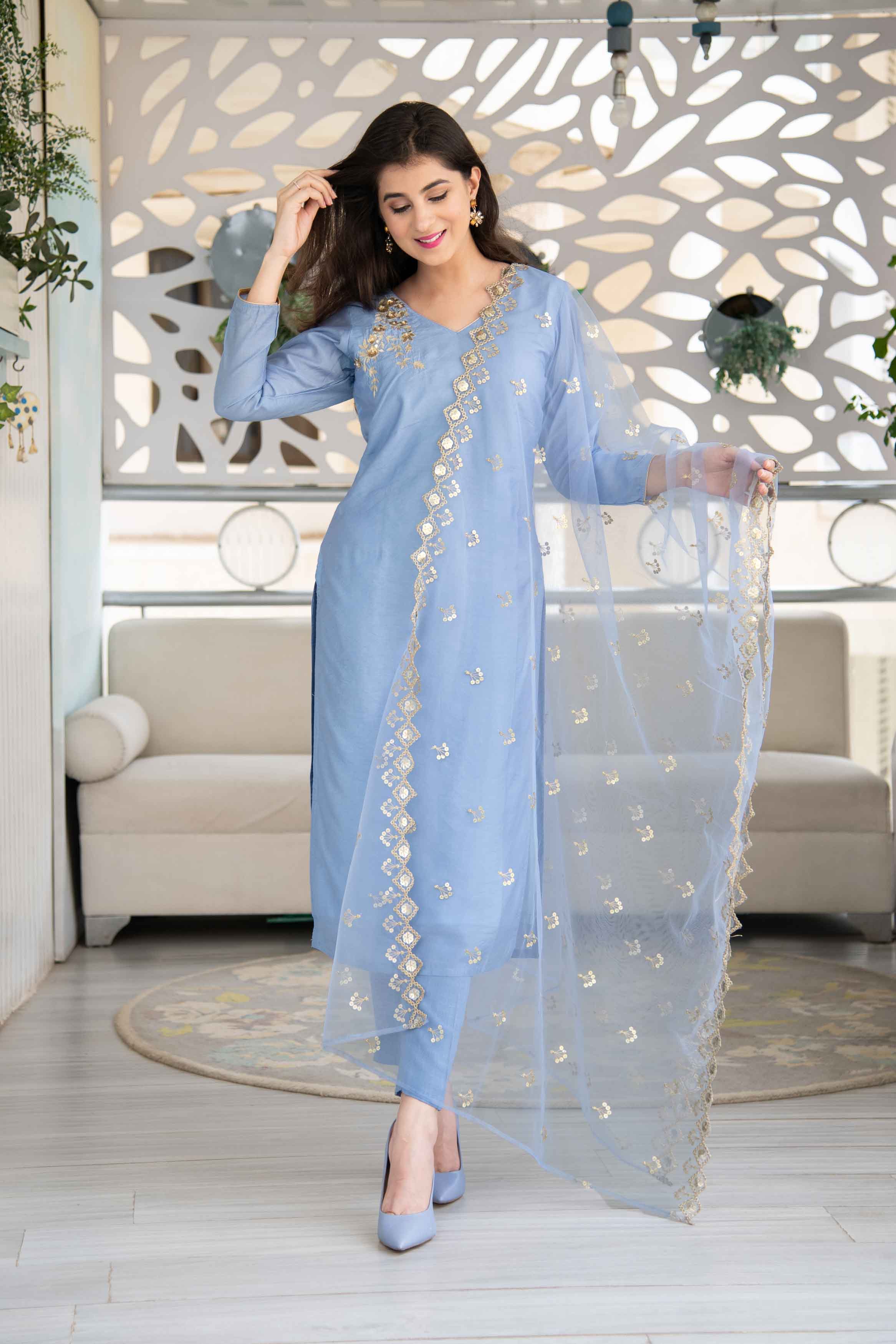 Powder Blue Embellished Kurta Set