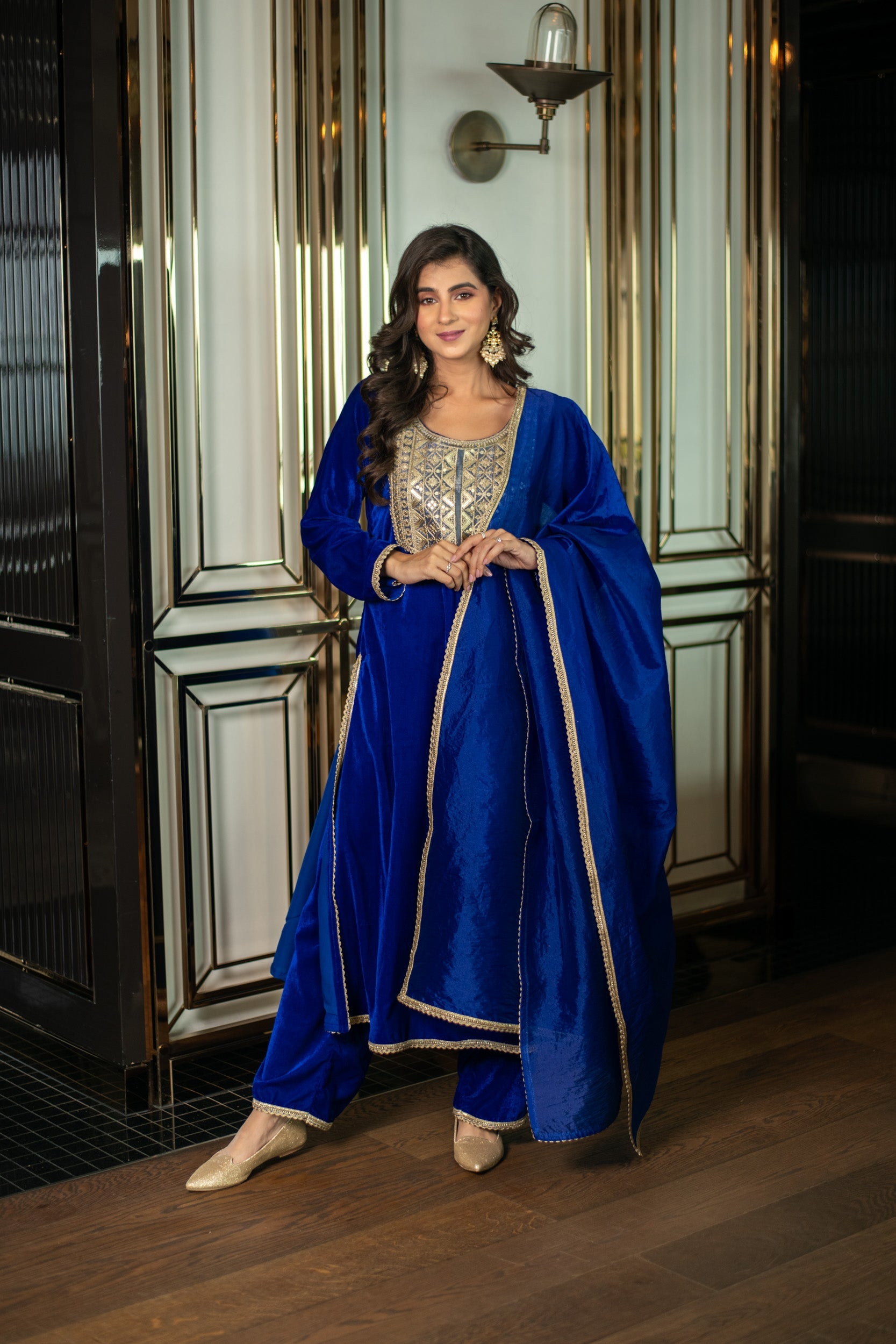 Velvet Electric Bue Long Slit Kurta Set