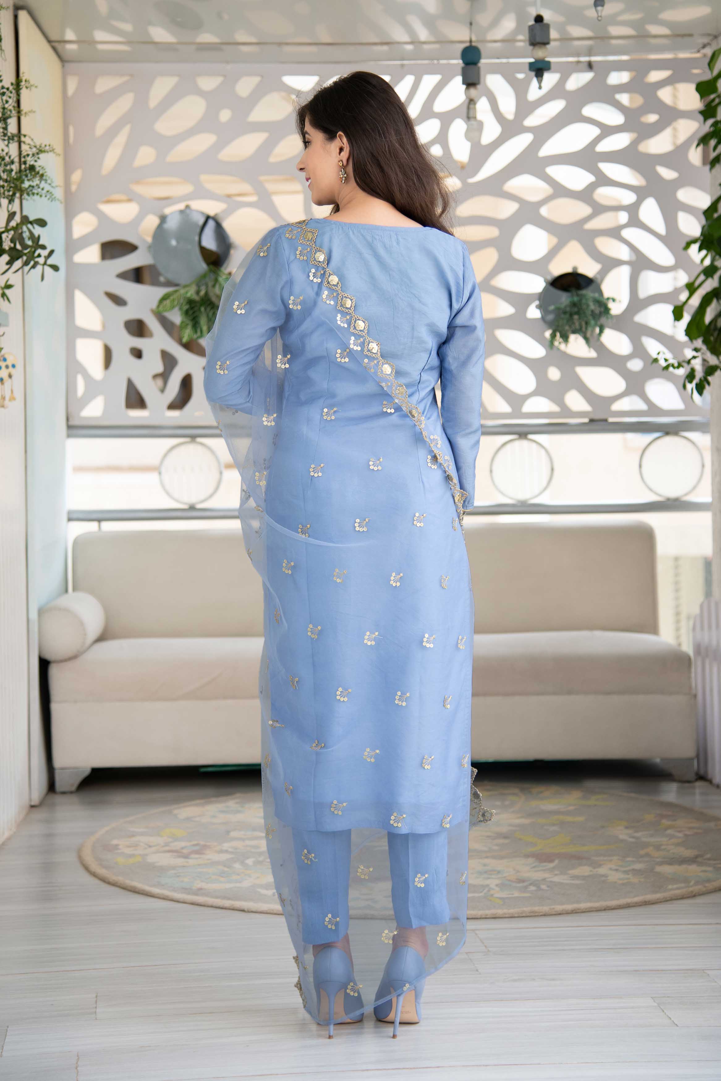 Powder Blue Embellished Kurta Set