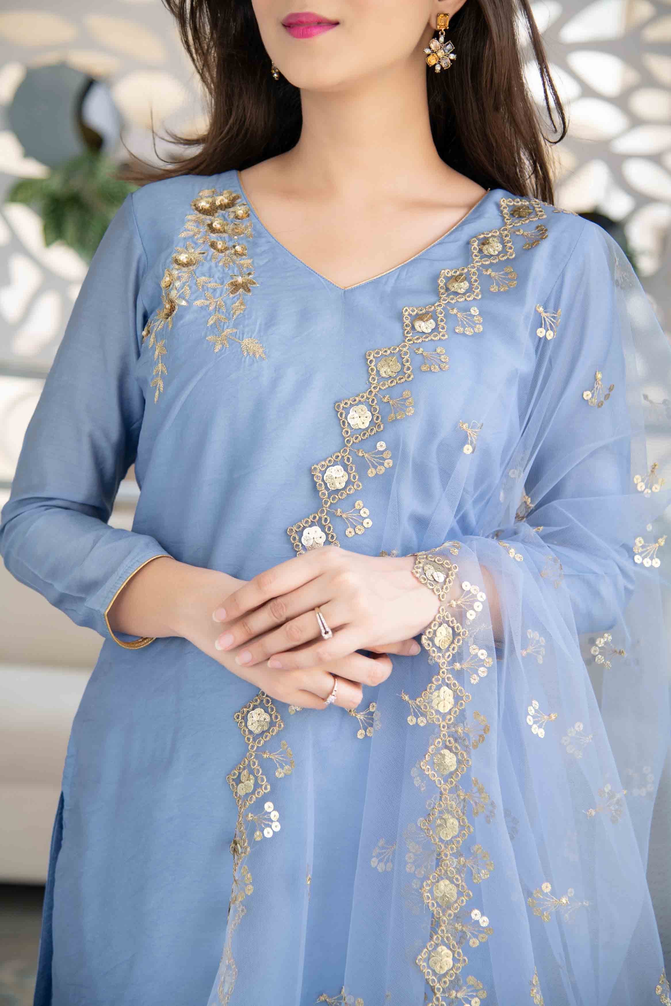 Powder Blue Embellished Kurta Set