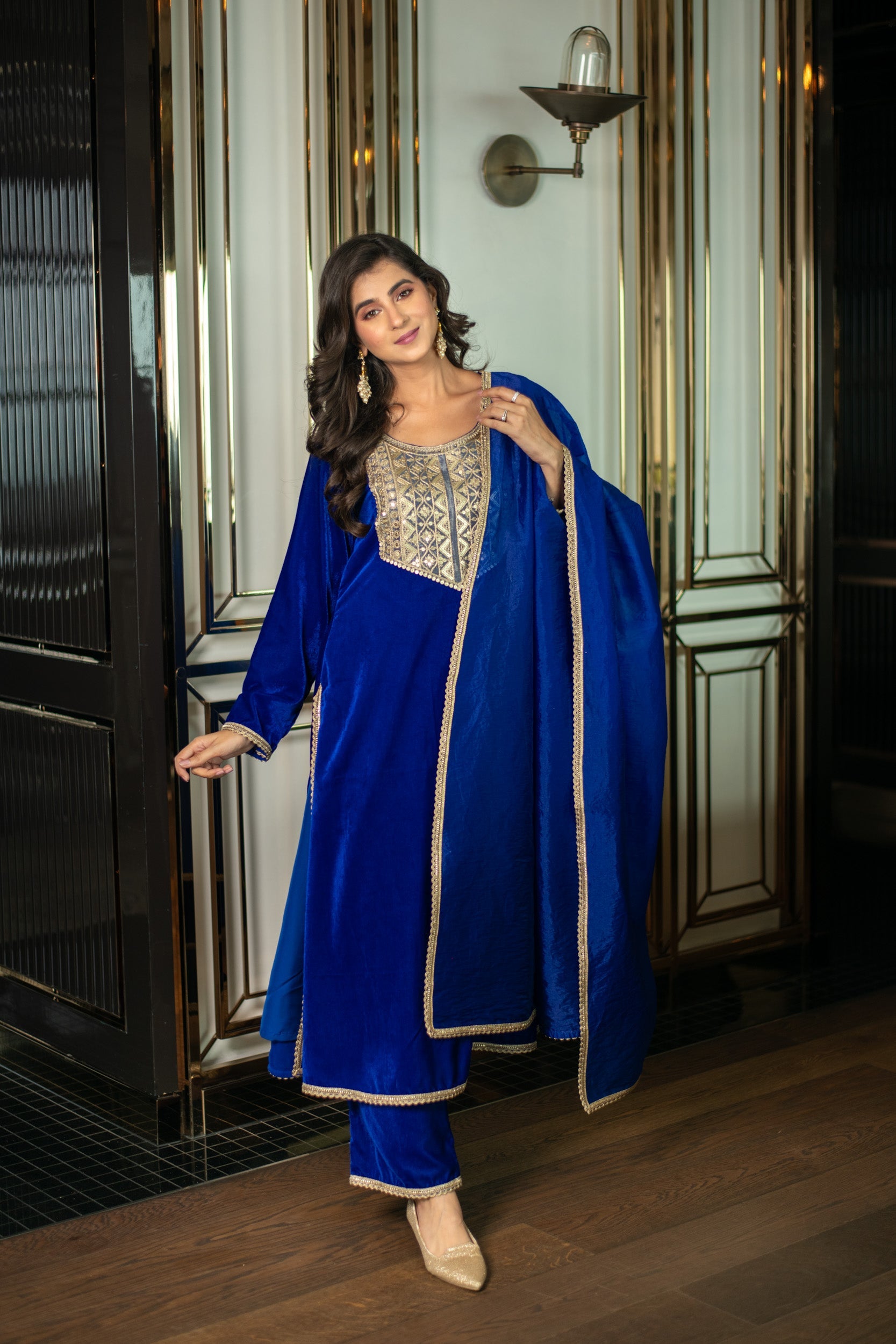 Velvet Electric Bue Long Slit Kurta Set