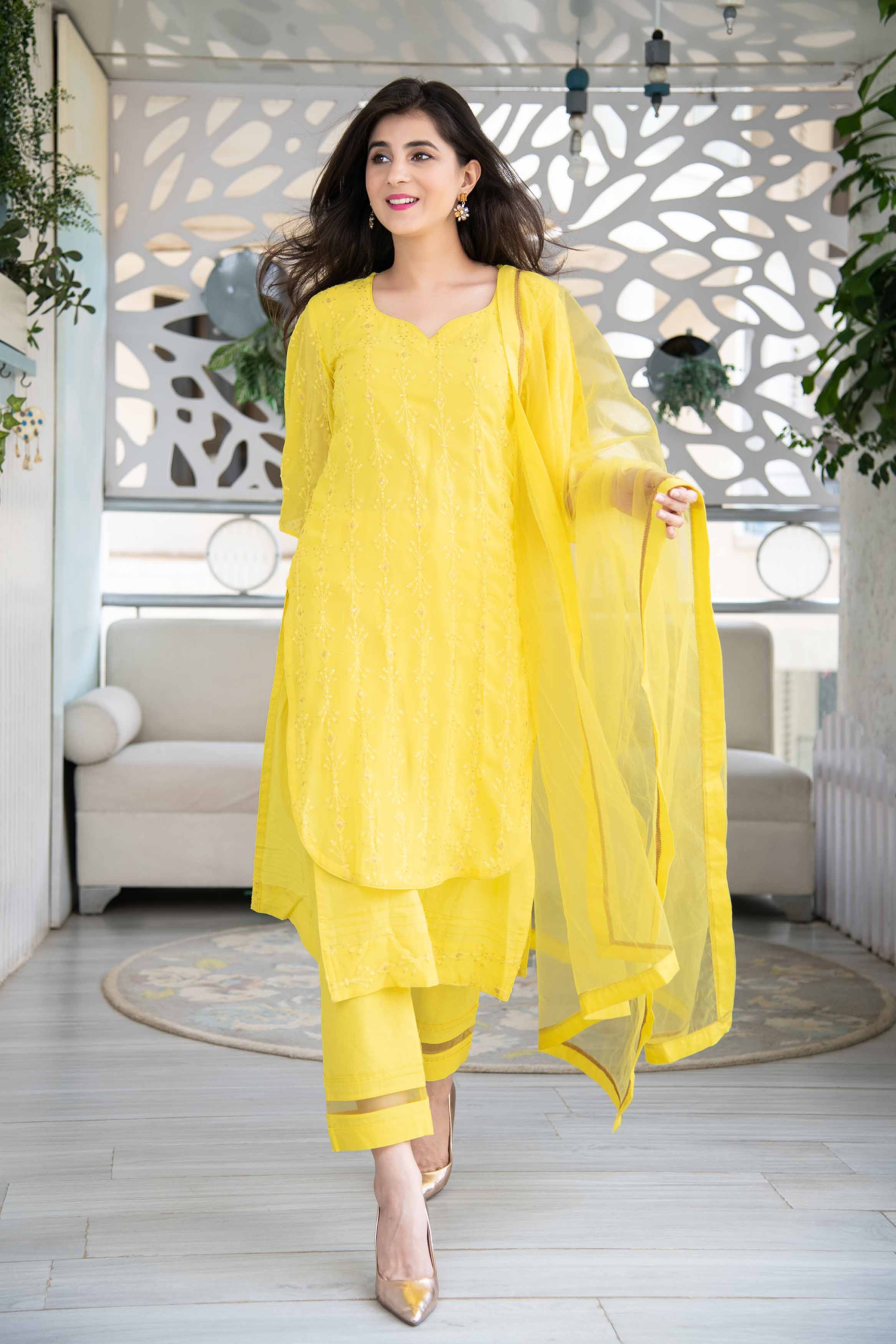 Bright Yellow Thread Work Kurta Set