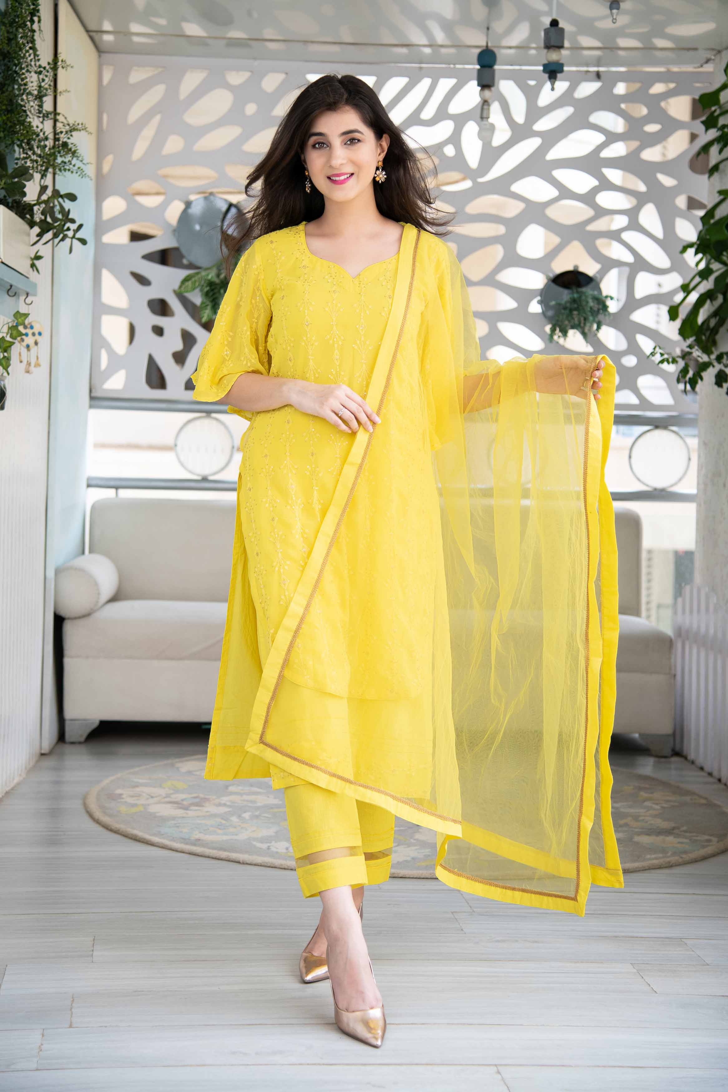 Bright Yellow Thread Work Kurta Set