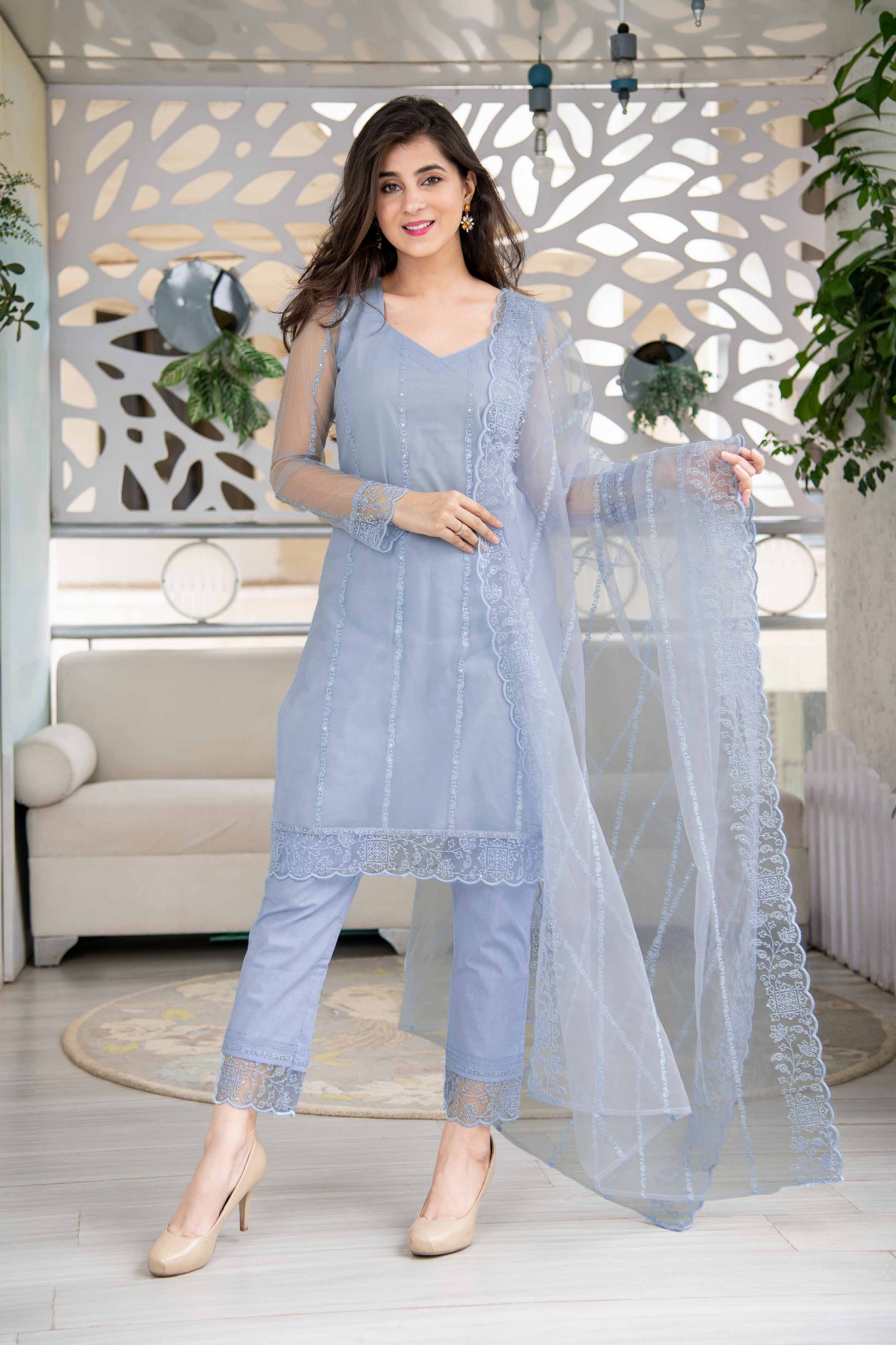 Powder Blue Net Short Kurta Set