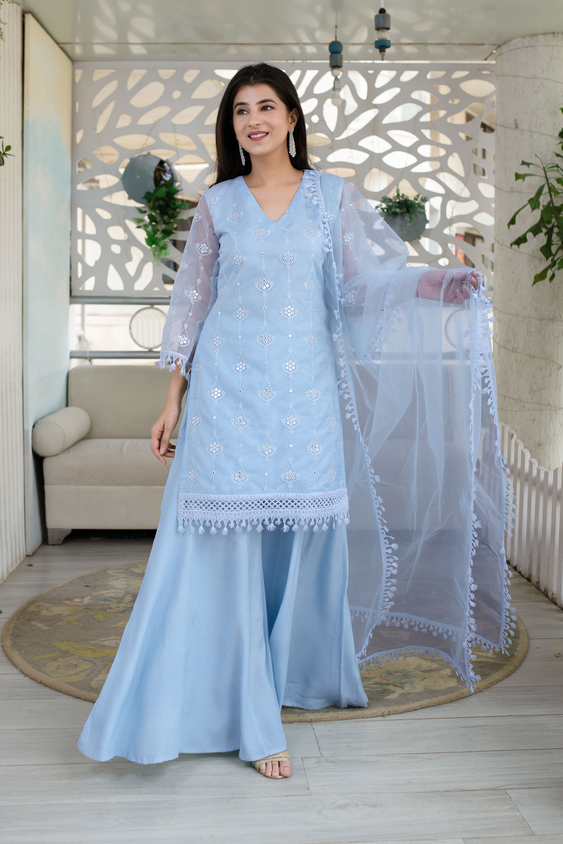 Light Blue Organza Kurta With Palazzo And Dupatta