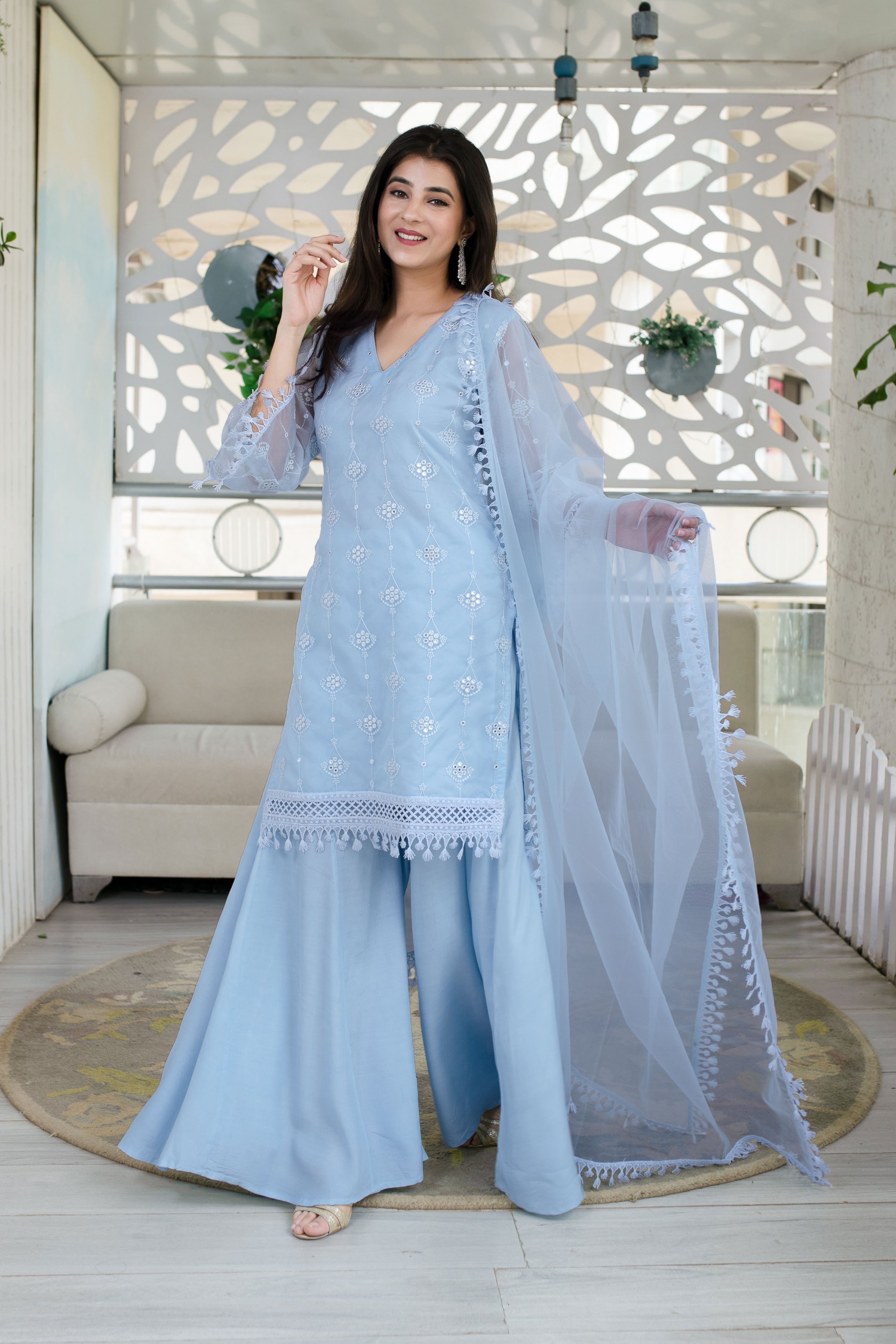 Light Blue Organza Kurta With Palazzo And Dupatta