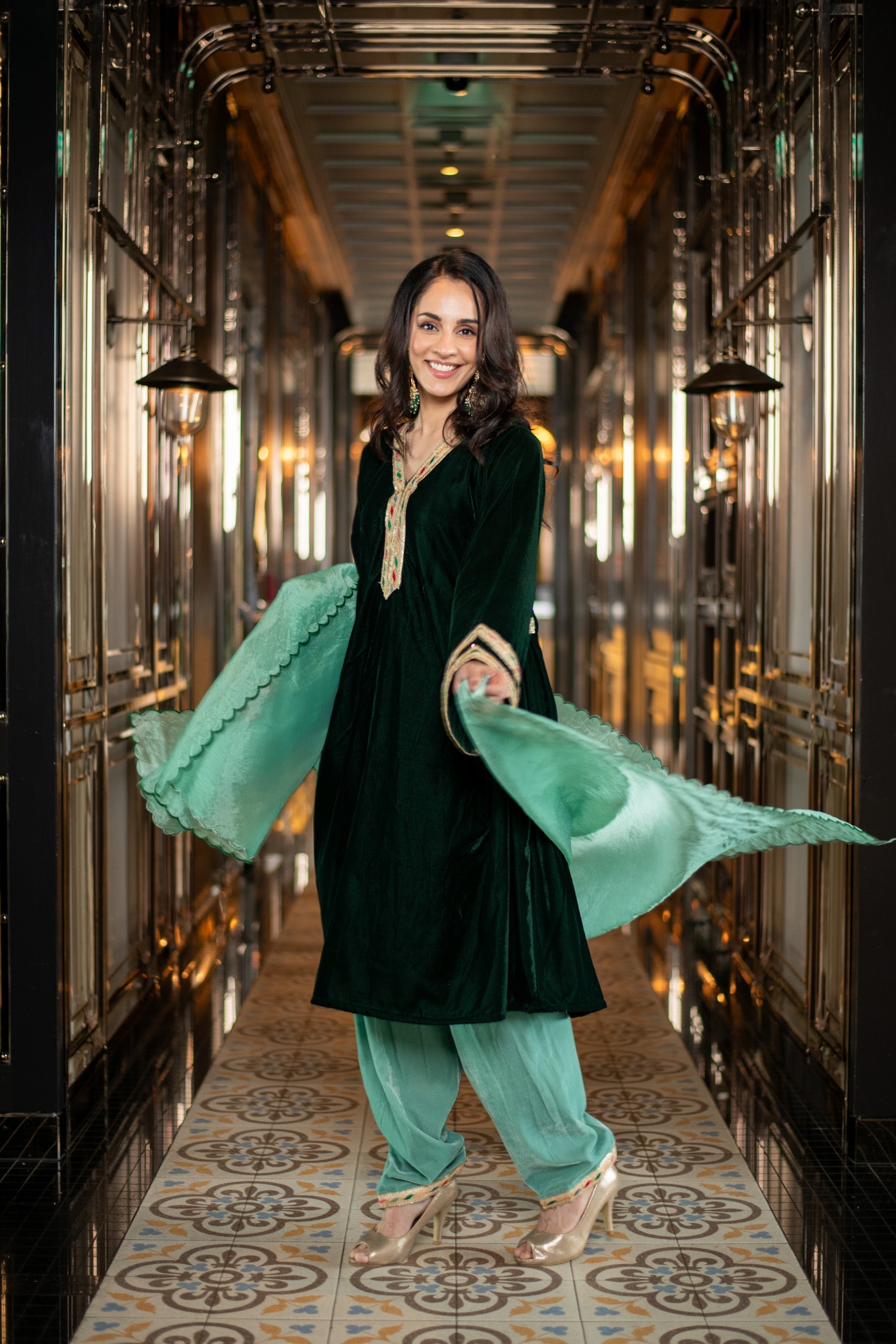 Velvet Bottle Green and Mint Green Salwar Set