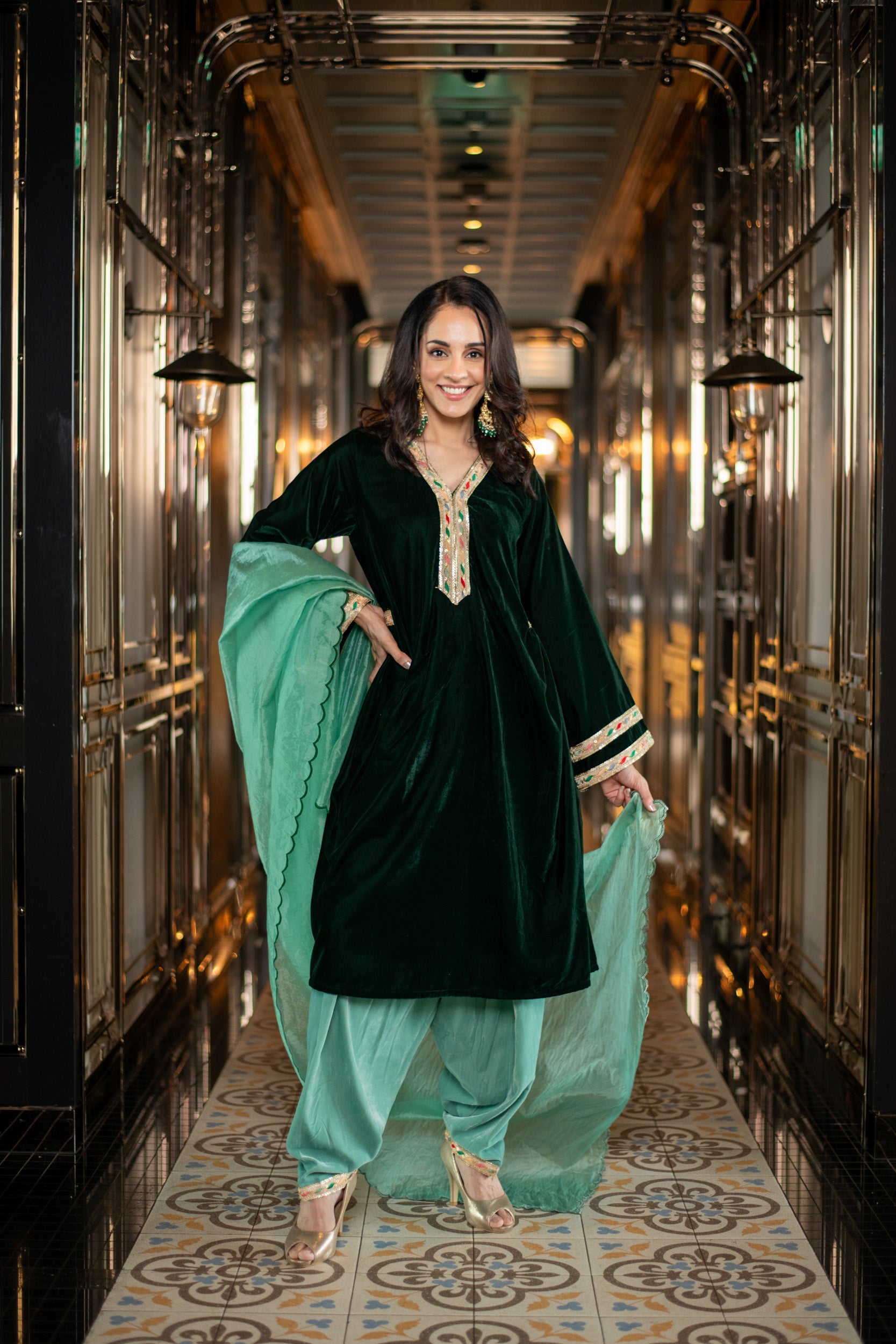 Velvet Bottle Green and Mint Green Salwar Set