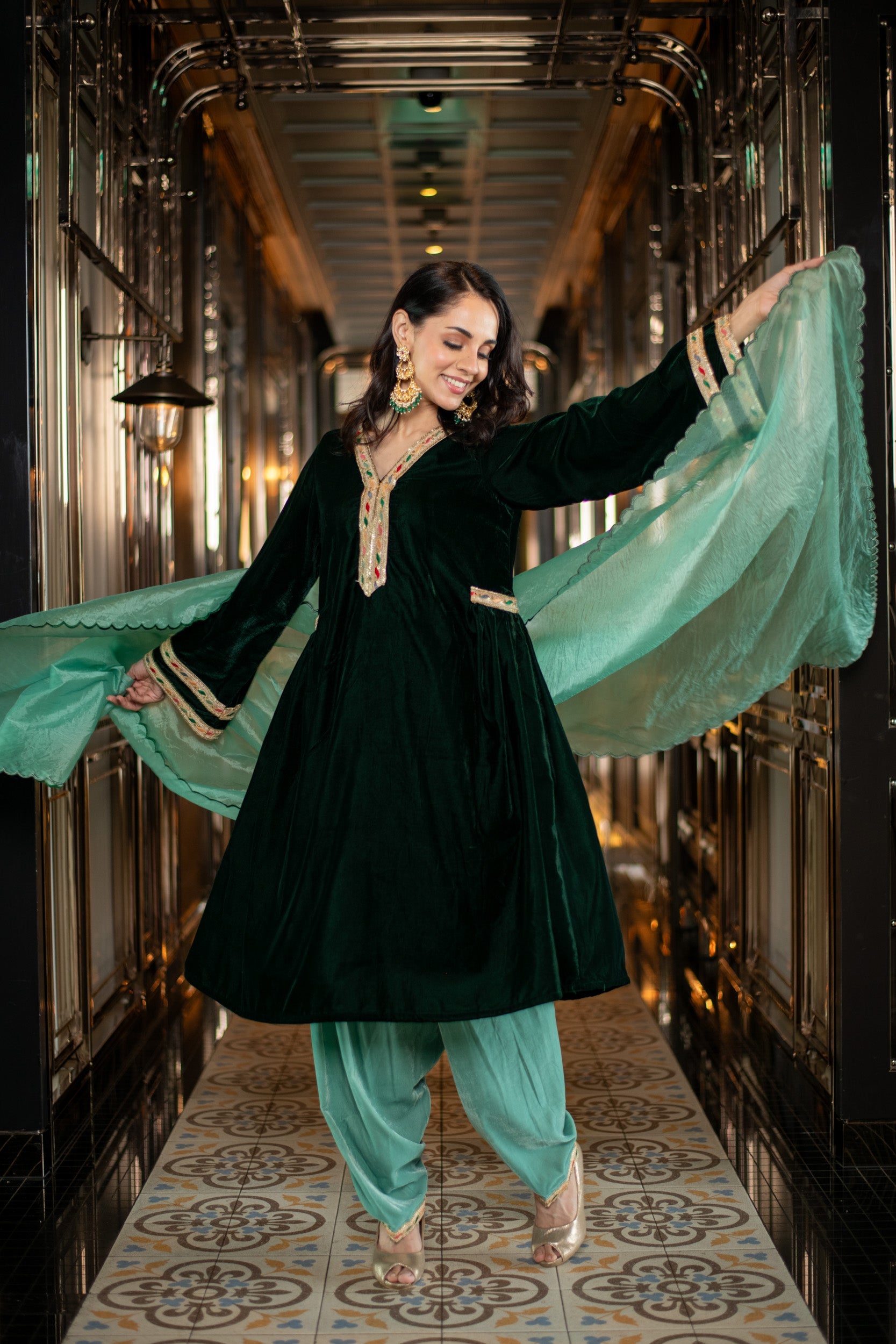 Velvet Bottle Green and Mint Green Salwar Set